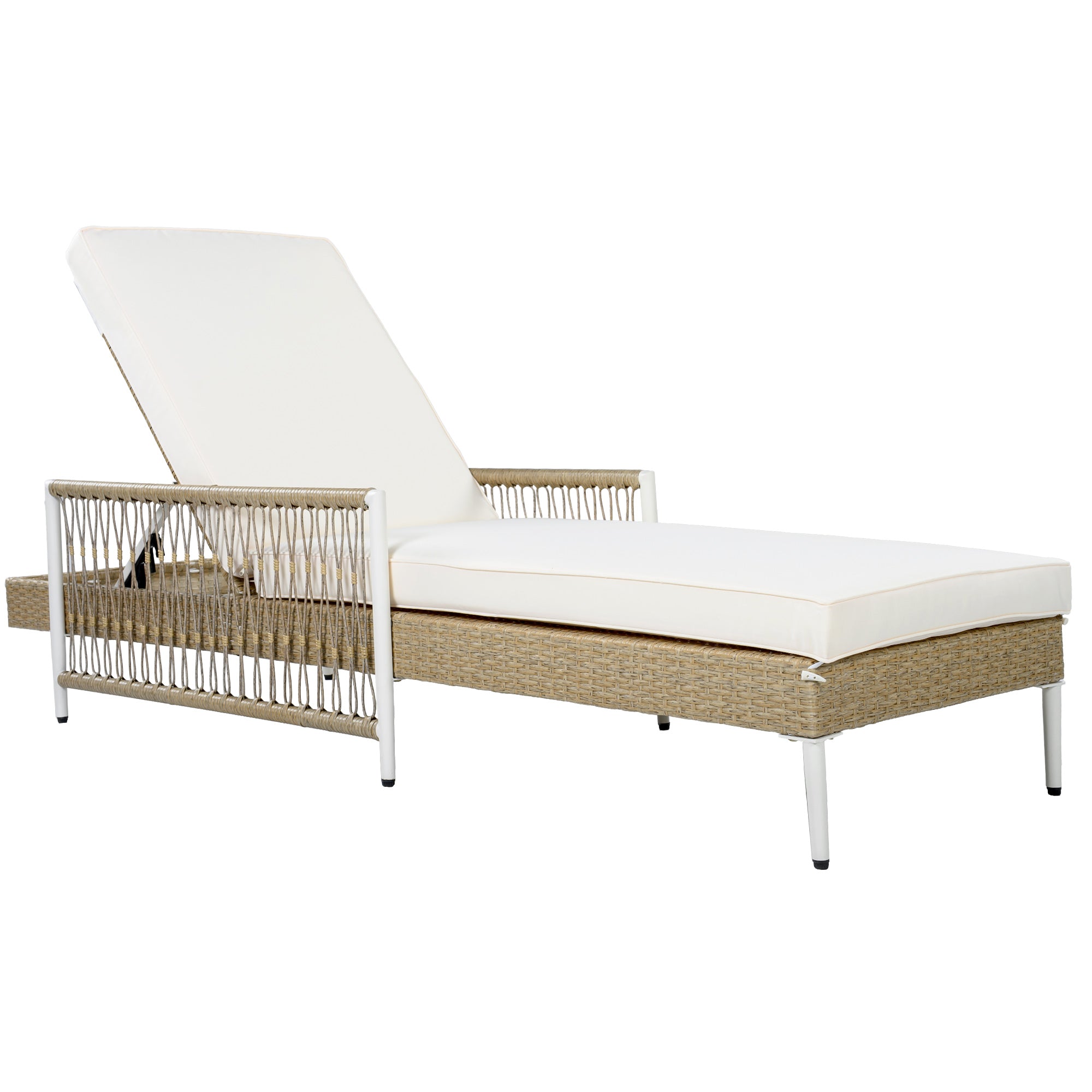 Outdoor All-Weather PE Rattan Chaise Lounge with 6 Gear Adjustable Recliner, Arms and Cushion