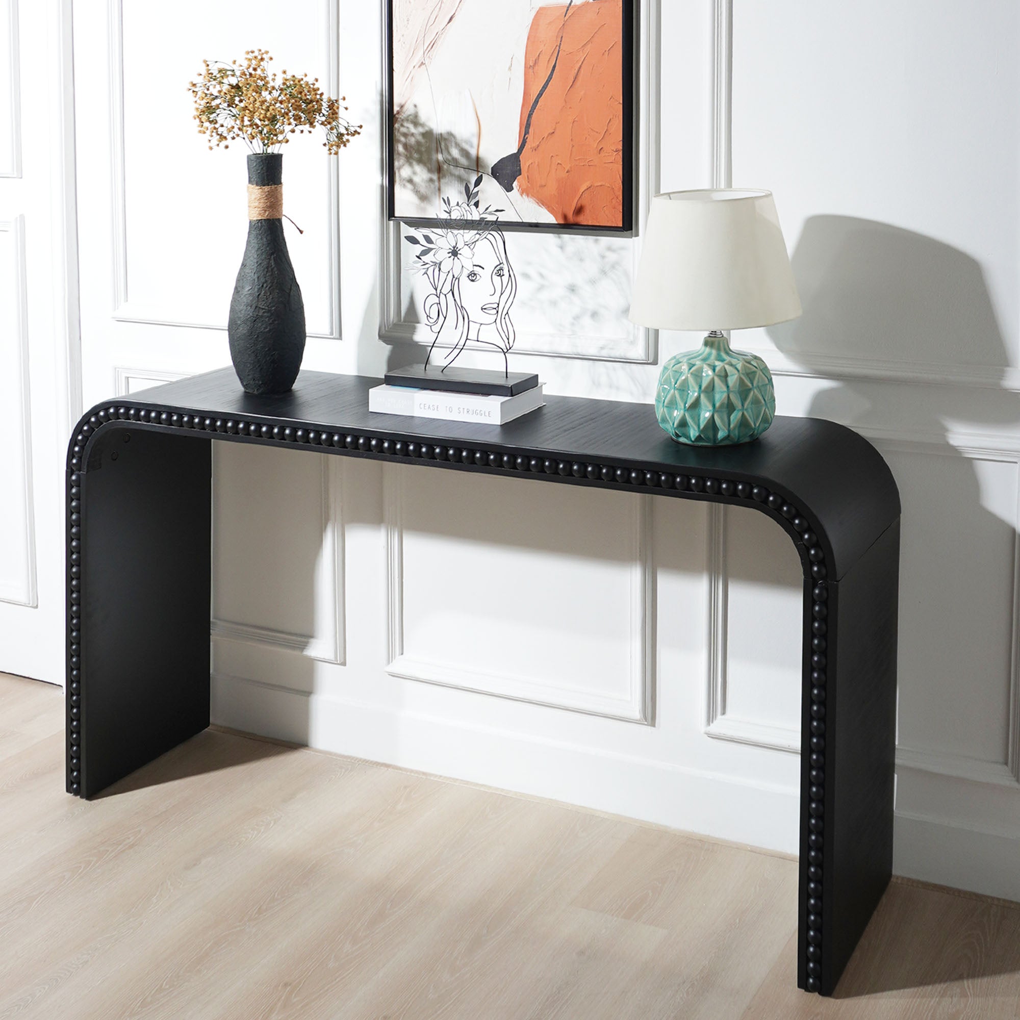 Curved Waterfall-Style Wood Beaded Console Table