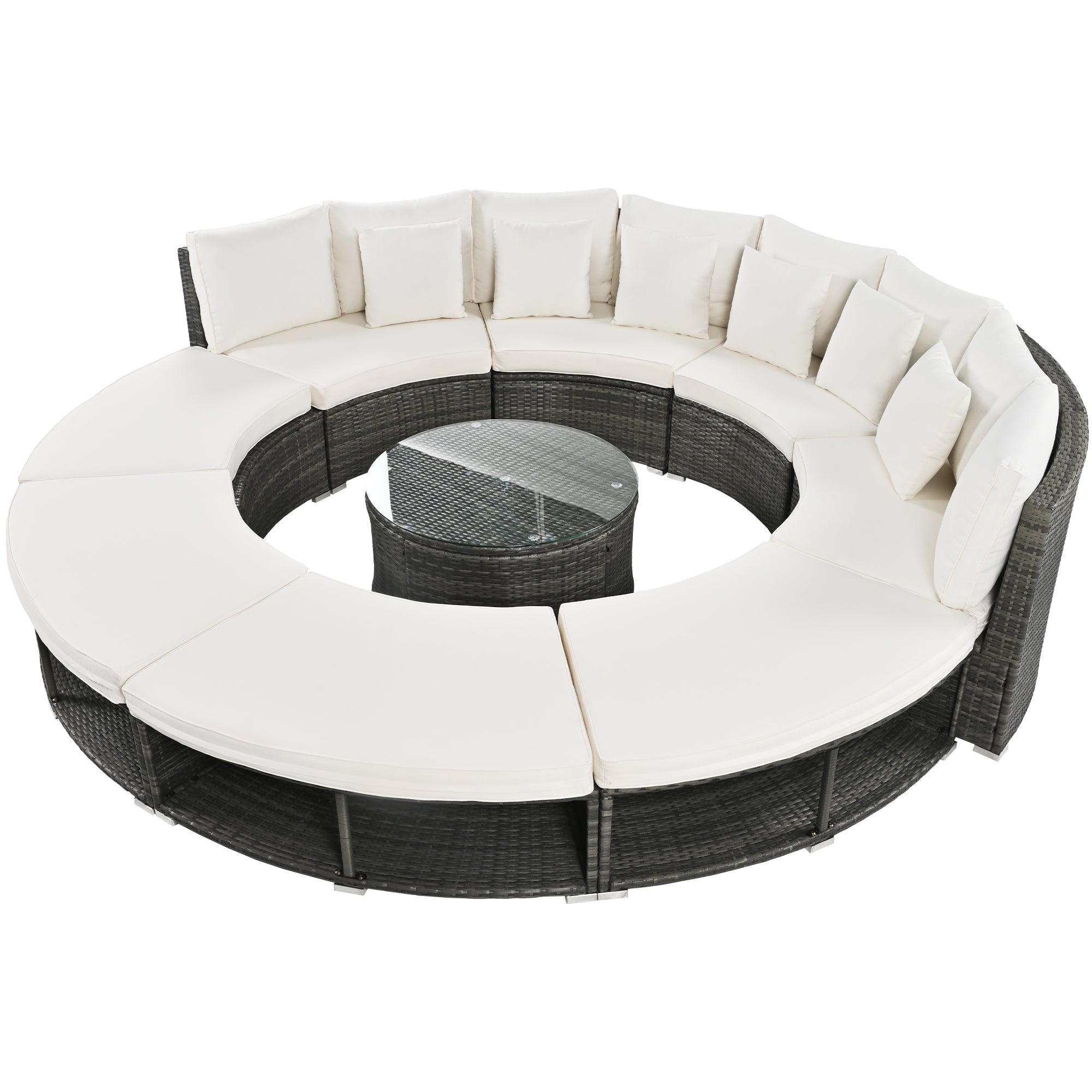 9-Piece Outdoor Circular Sofa Set with Tempered Glass Coffee Table and 6 Pillows