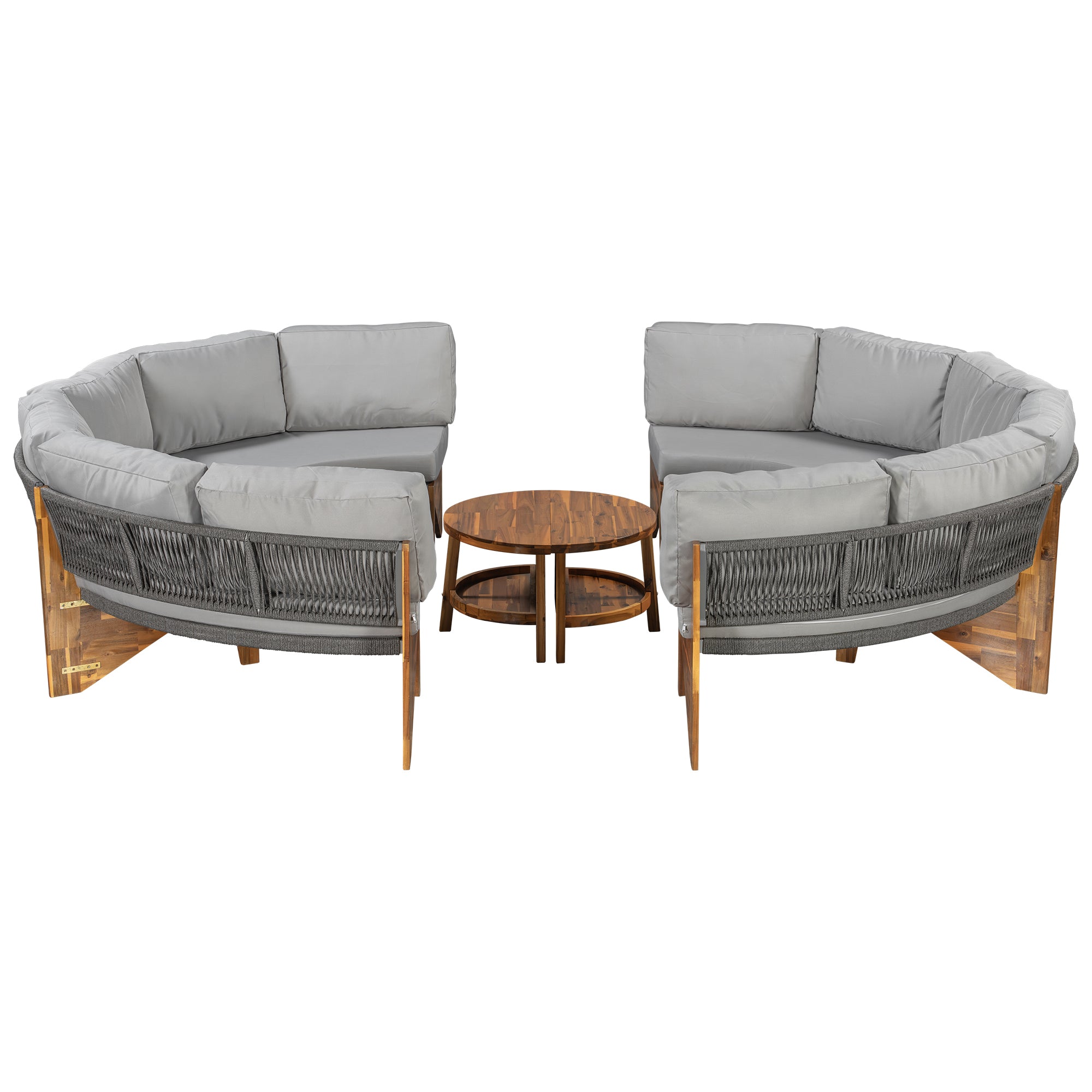U_Style 3-Piece Outdoor Sofa Set for 6, 2 Semi-Circle Sofas + Acacia Wood Coffee Table, Weather-Resistant Patio Couch Set, Comfortable Garden & Backyard Furniture(old sku:WY000428AAA)