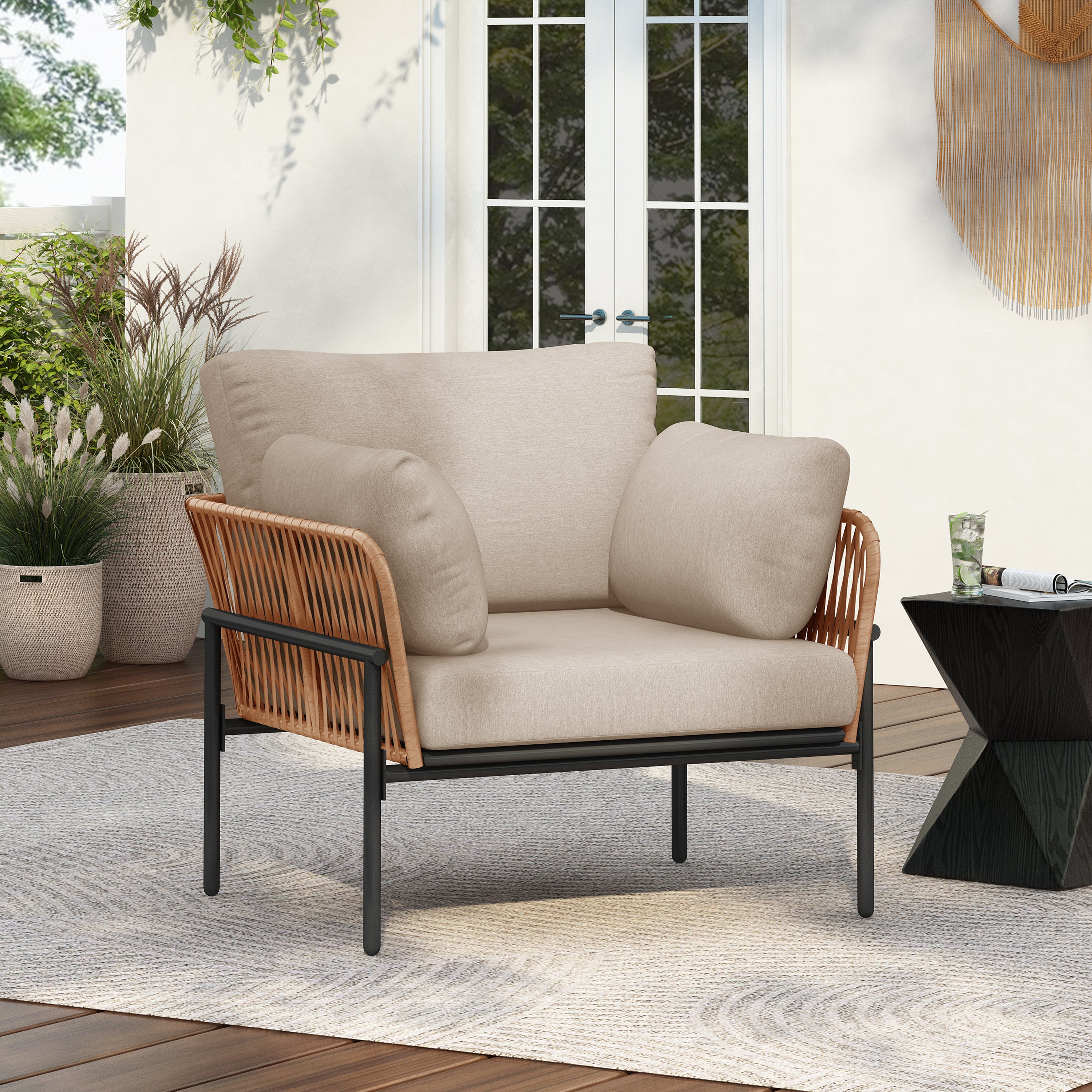 Brisa Outdoor Modern Iron Lounge Chair with Rope Weave