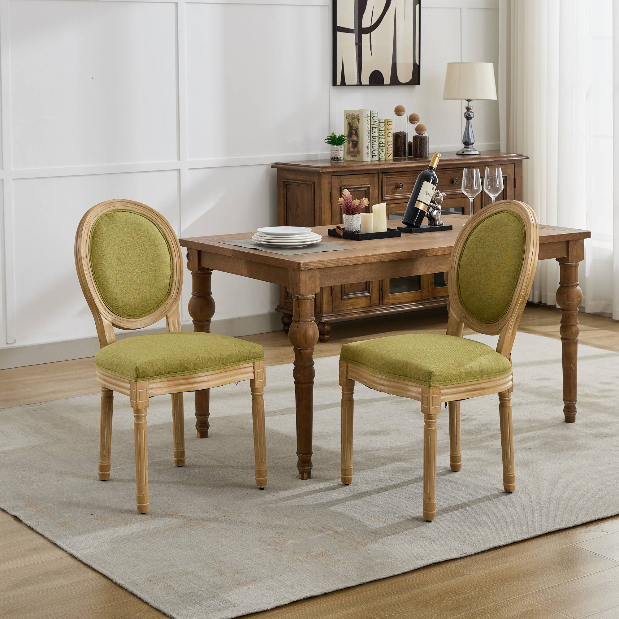 French Country Dining Chairs with Round Upholstered Backrest, Set of 2