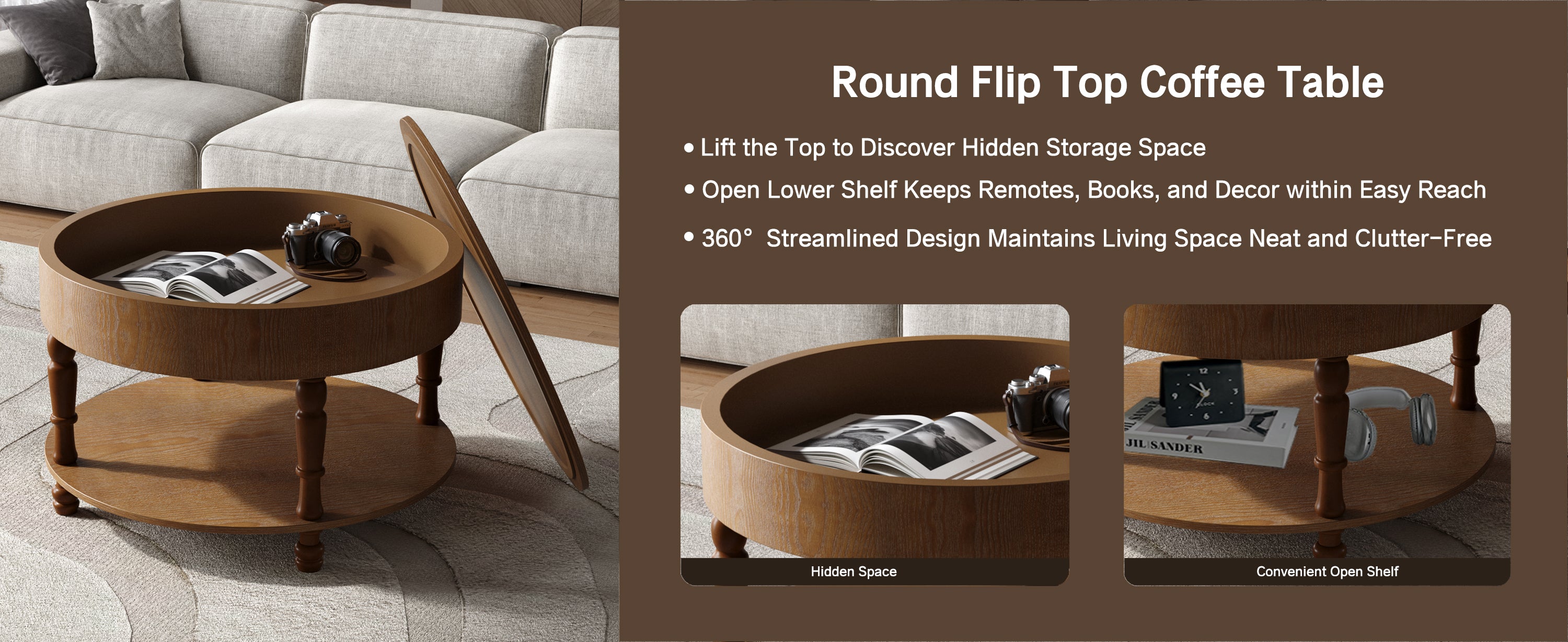 Traditional Round Coffee Table with Storage and Hidden Compartment