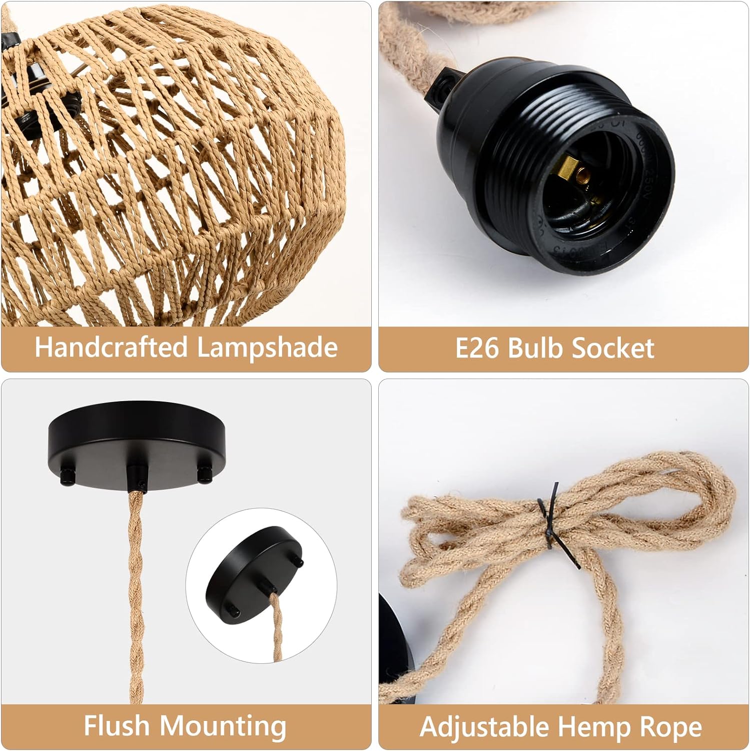 Pendant Light with Rope Cage Basket and Adjustable Height