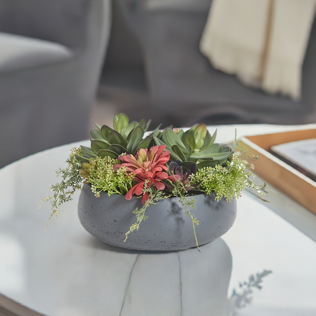 Faux Round Potted Succulent Arrangement in Gray, 14 in