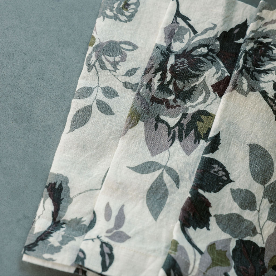 Handcrafted Linen Roses Napkins in Eggplant and Grey, Set of 4