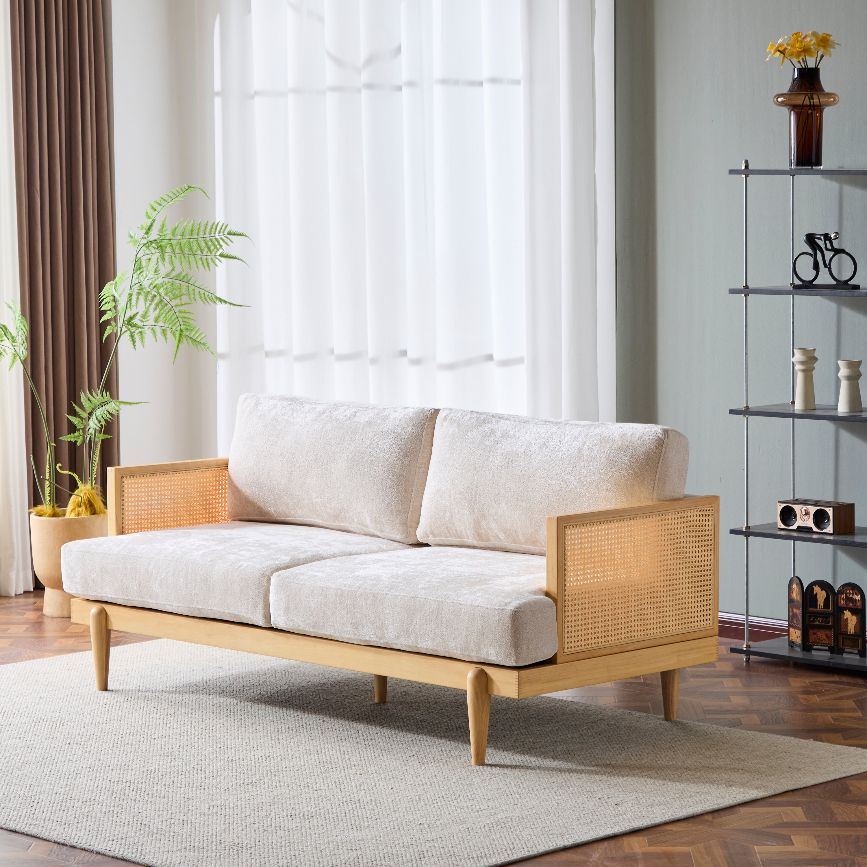 3-Seater Sofa with Cane Rattan and Wooden Frame