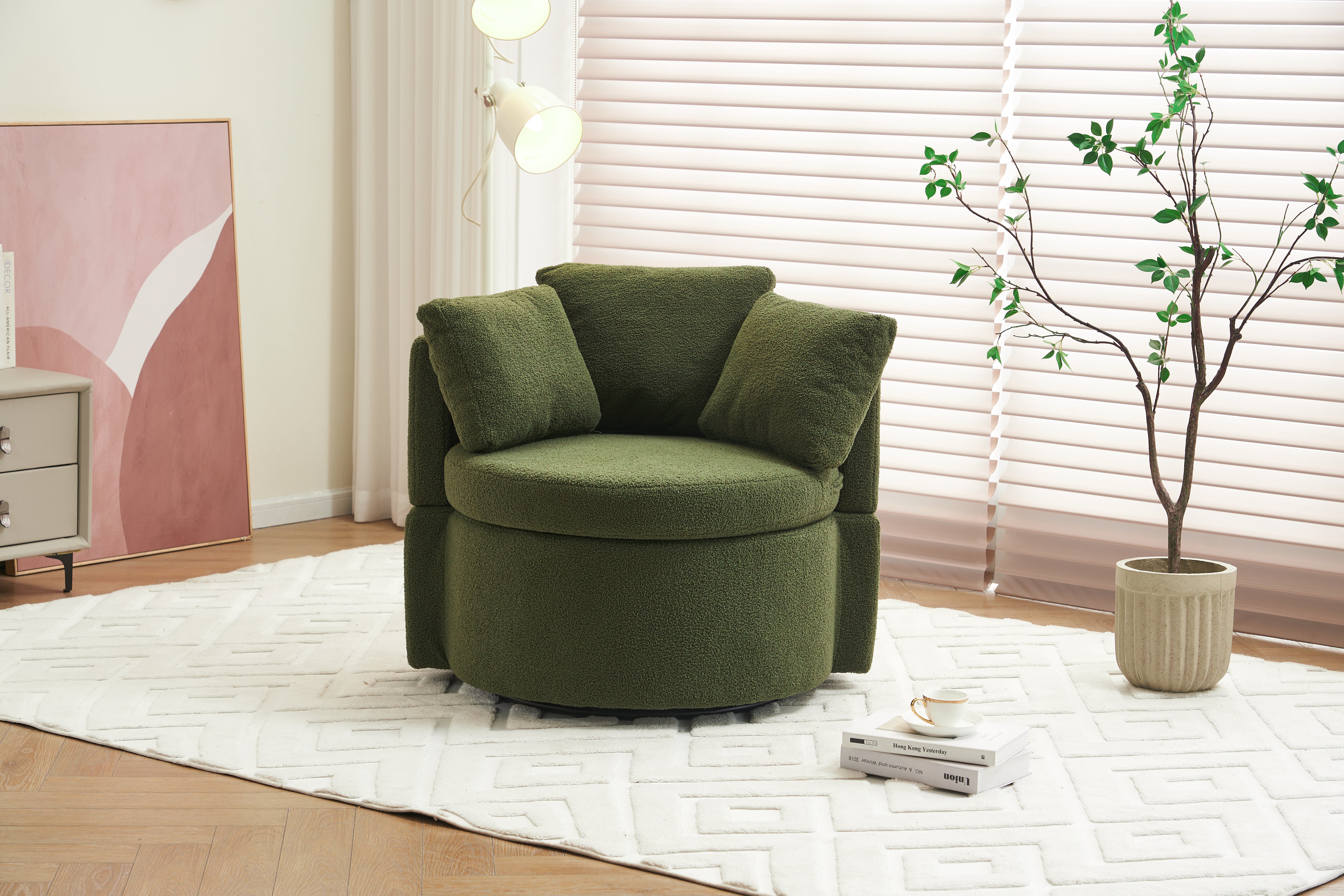 Upholstered Swivel Chair with 3 Throw Pillows and Storage