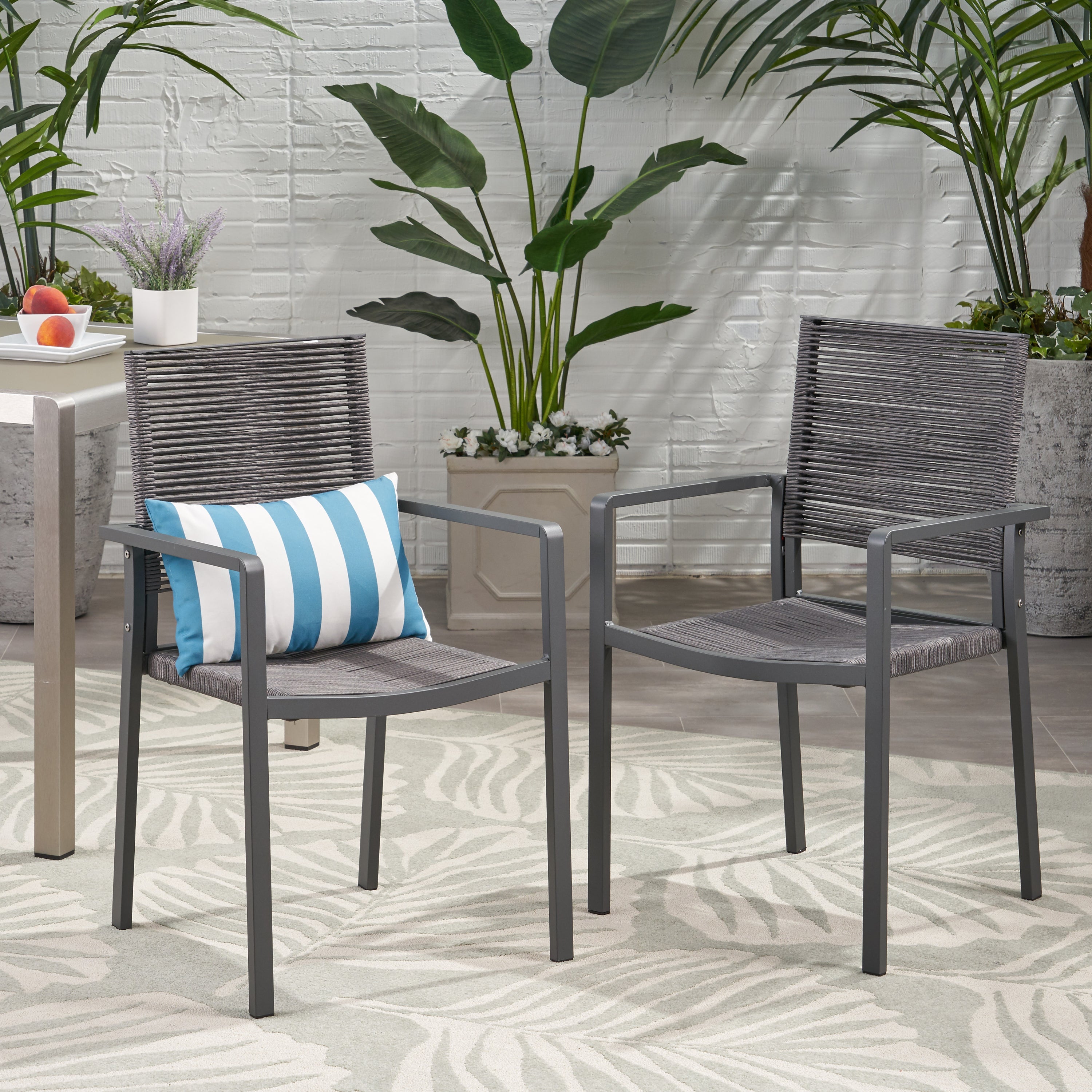 Outdoor Modern Aluminum Dining Chair with Rope Seat, Set of 2