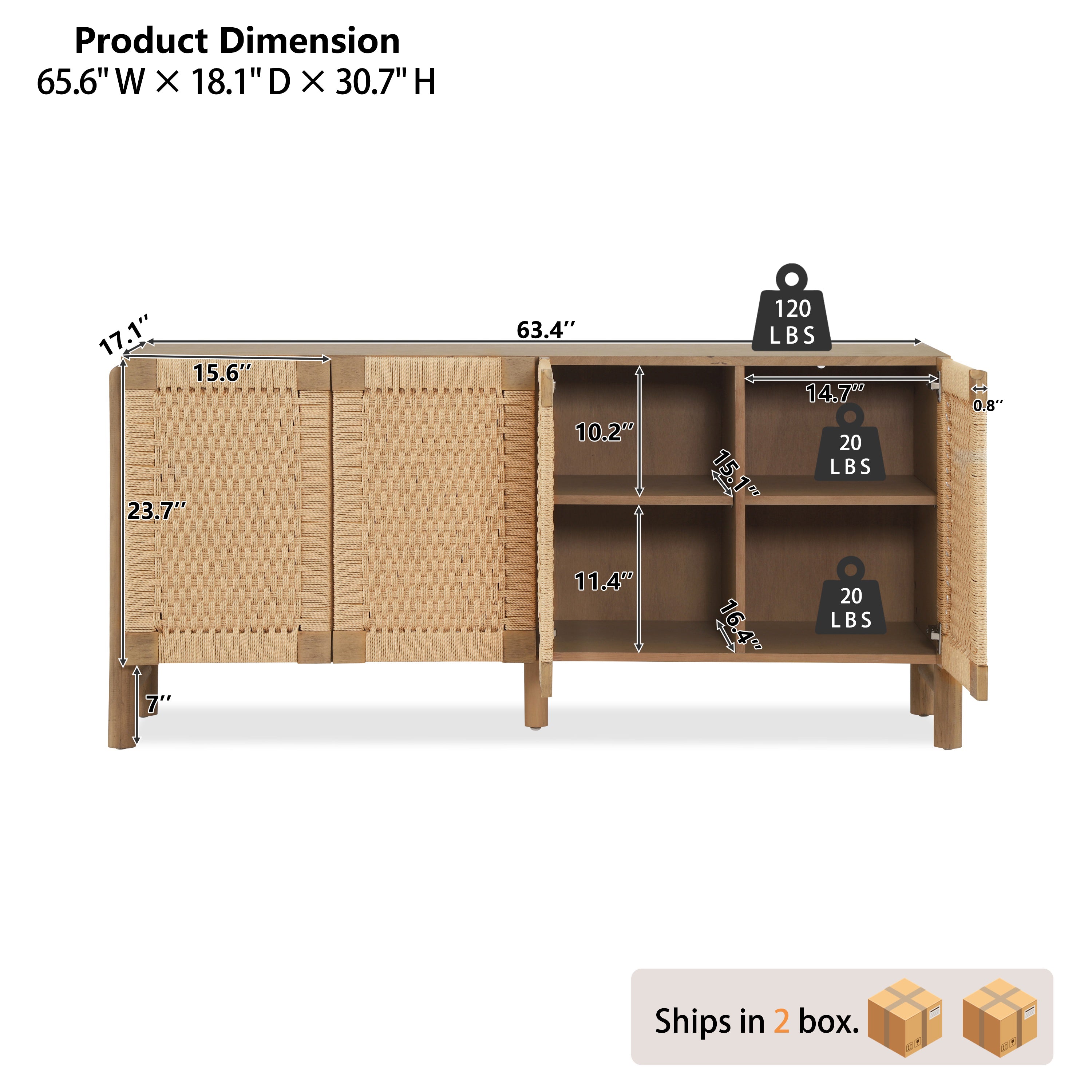 Natural Farmhouse Cabinet with Handwoven Paper Rope Doors, Solid Wood Legs and Natural Finish, for Hallway, Entryway or Living Room