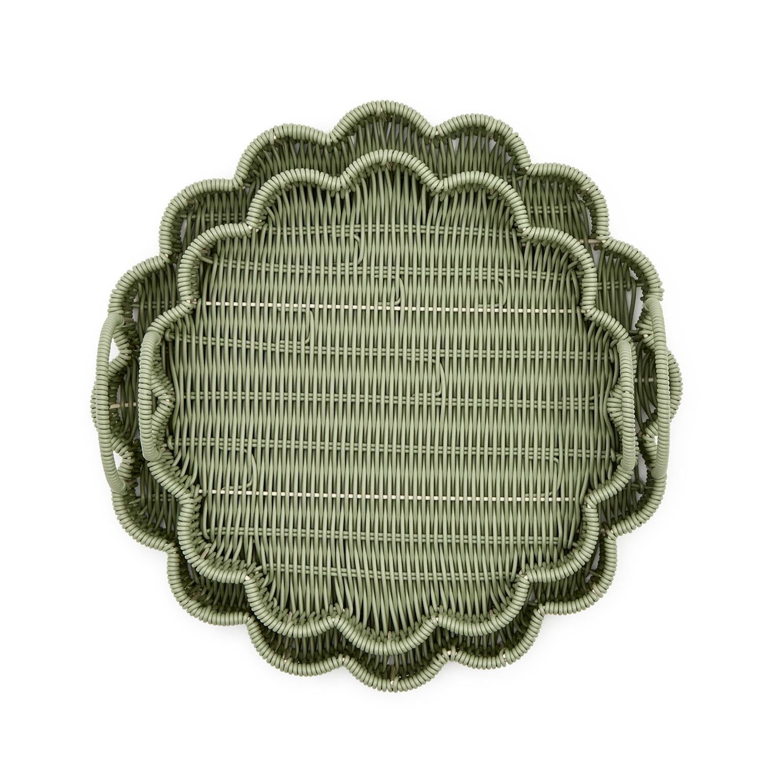 All Weather Wicker Scalloped Edge Green Round Serving Tray, Set of 2