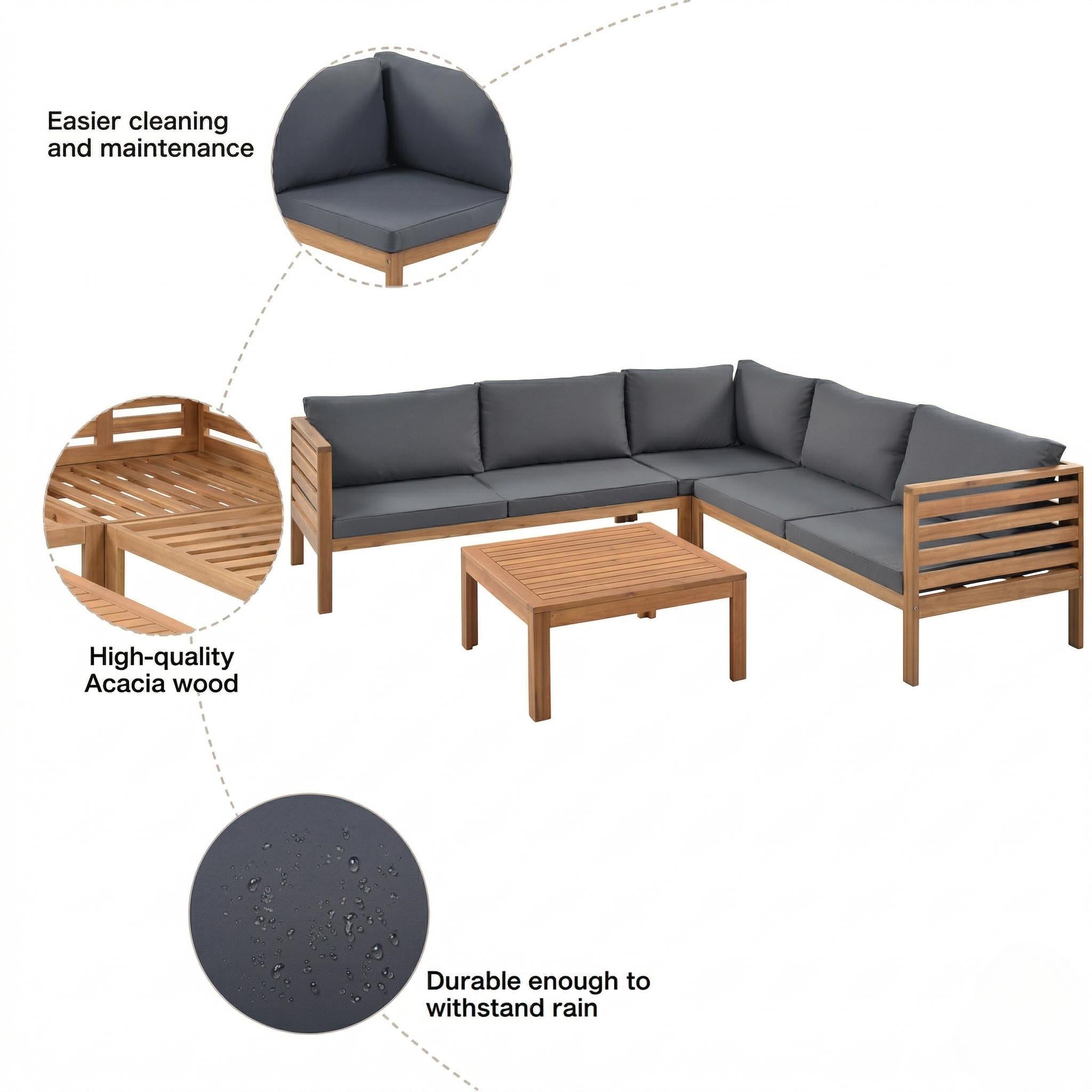 Wood Structure Outdoor Sofa Set with beige Cushions Exotic design Water-resistant and UV Protected texture High quality acacia wood Strong Metal Accessories