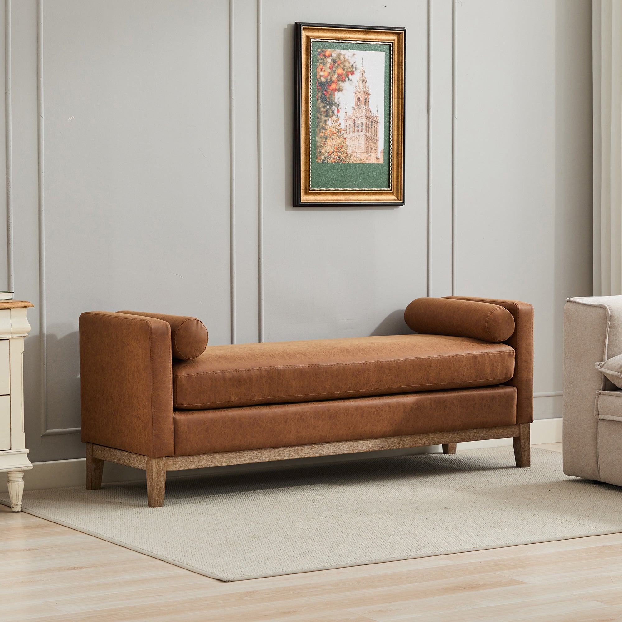 Upholstered Bench with Wood Legs and Two Bolster Pillows