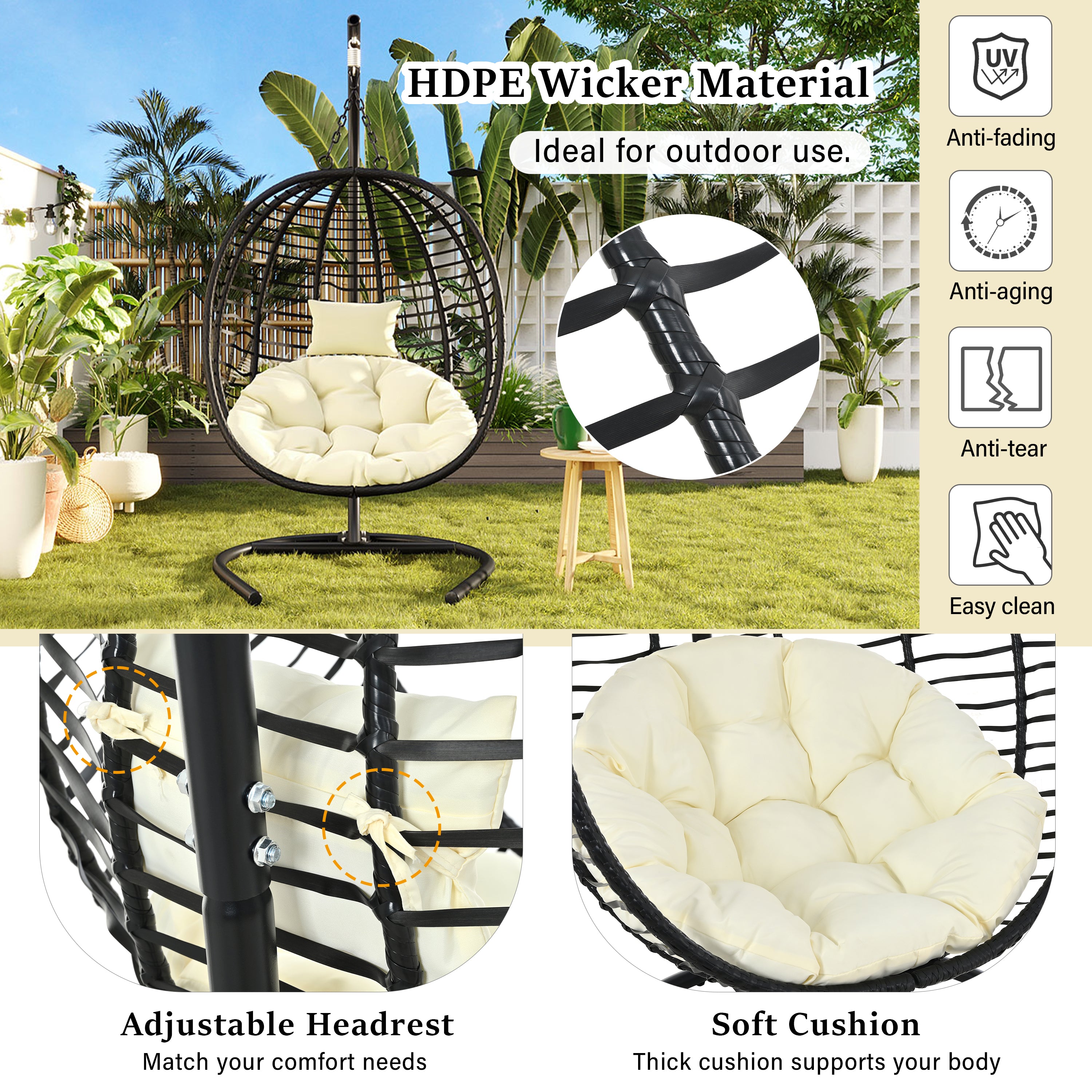 Folding Hanging Swinging Egg Chair with Stand & Tufted Cushion