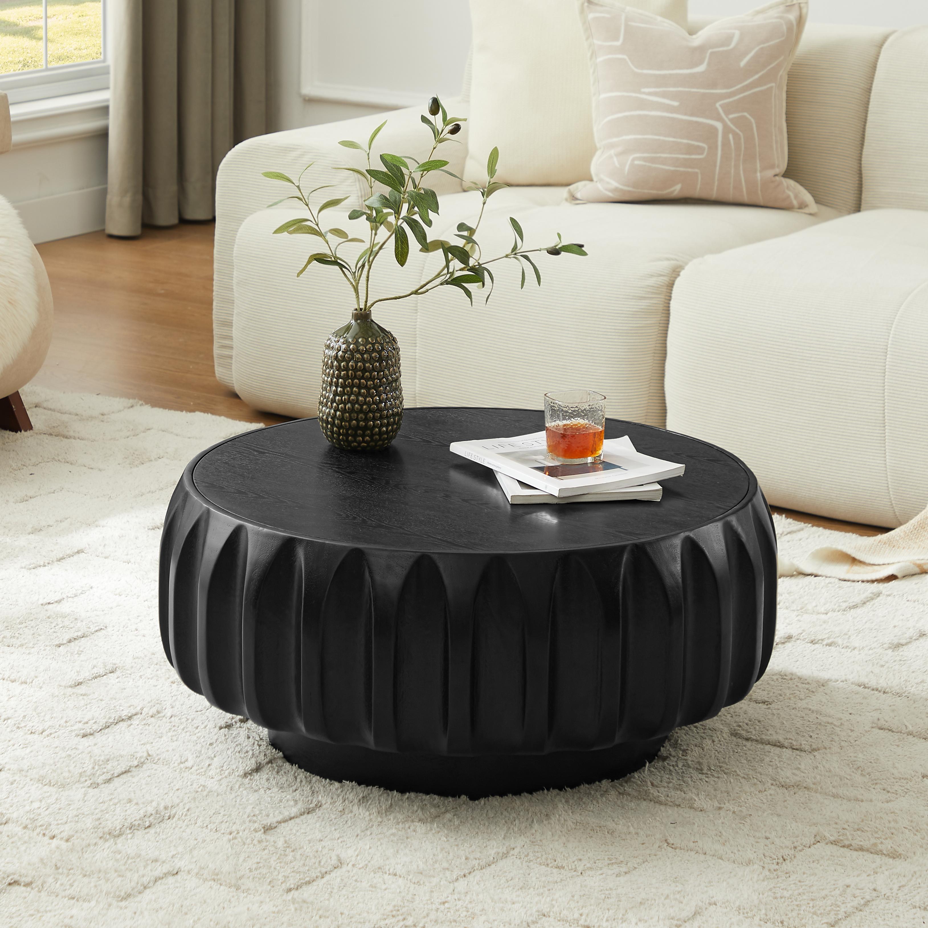 Round Solid Wood Carved Coffee Table with Elegant Sculptural Design