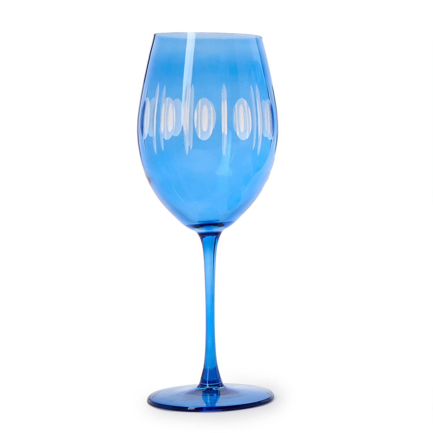 Sparkling Cut Blue Hand Engraved Stemmed Wine Glasses, Set of 4