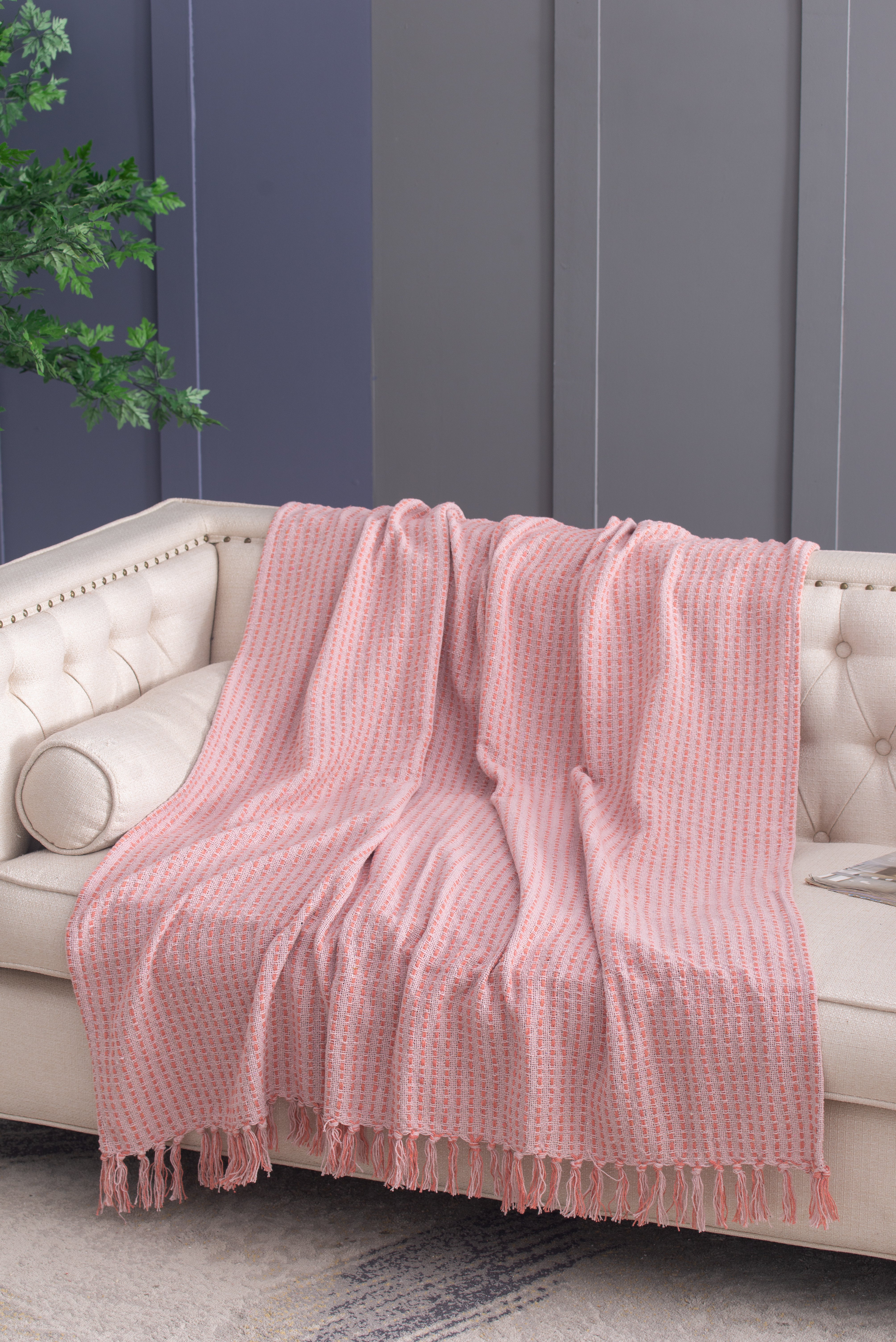 50x60' Decorative Pink Cotton Throw Blanket with Tassels, 2 Pack