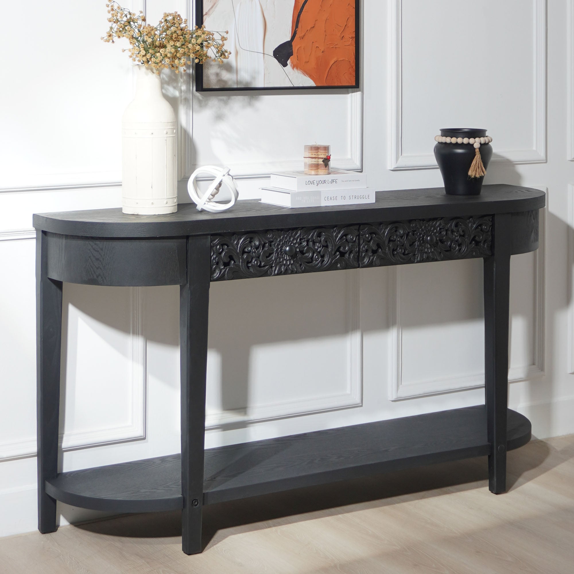 Jawaha Black Carved Wooden Console Table with Lower Storage Shelf