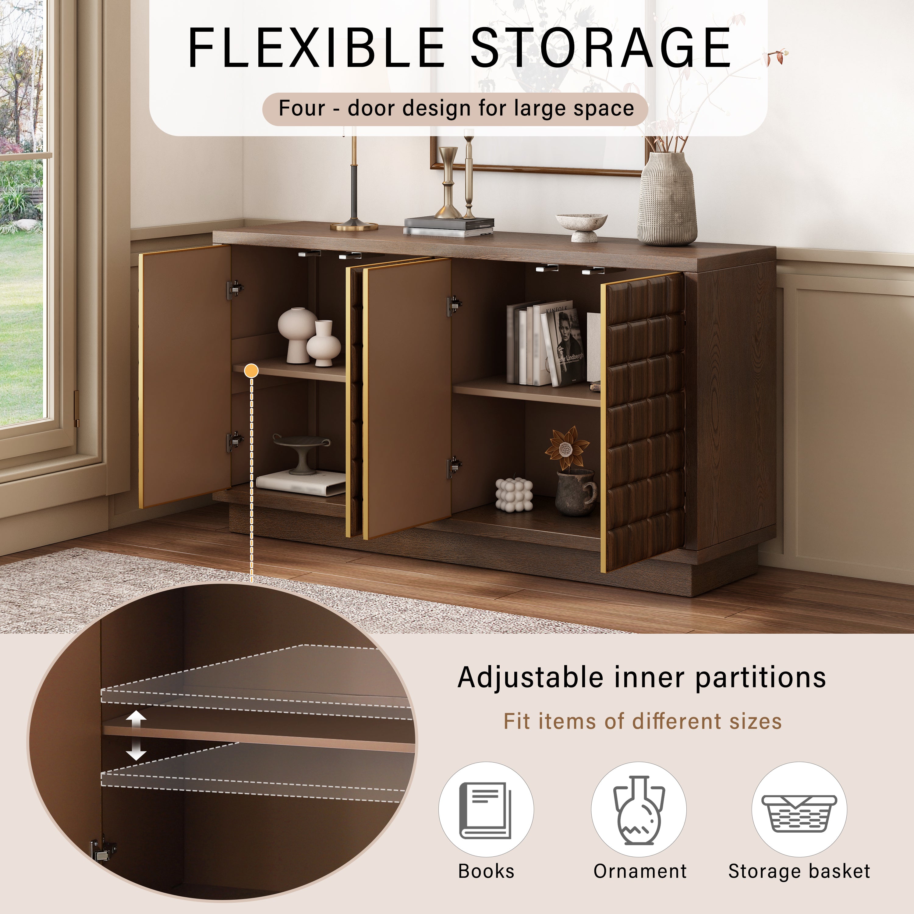 Modern 4-Door Storage Cabinet with 3D Geometric Doors & Metal Trim