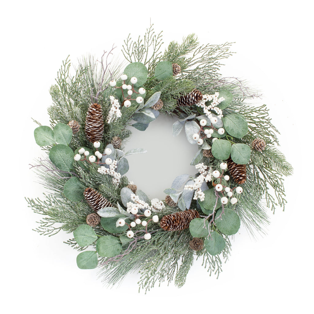 Winter Pine and Eucalyptus Leaf Wreath with Pinecone and Berry Accent 21.5"