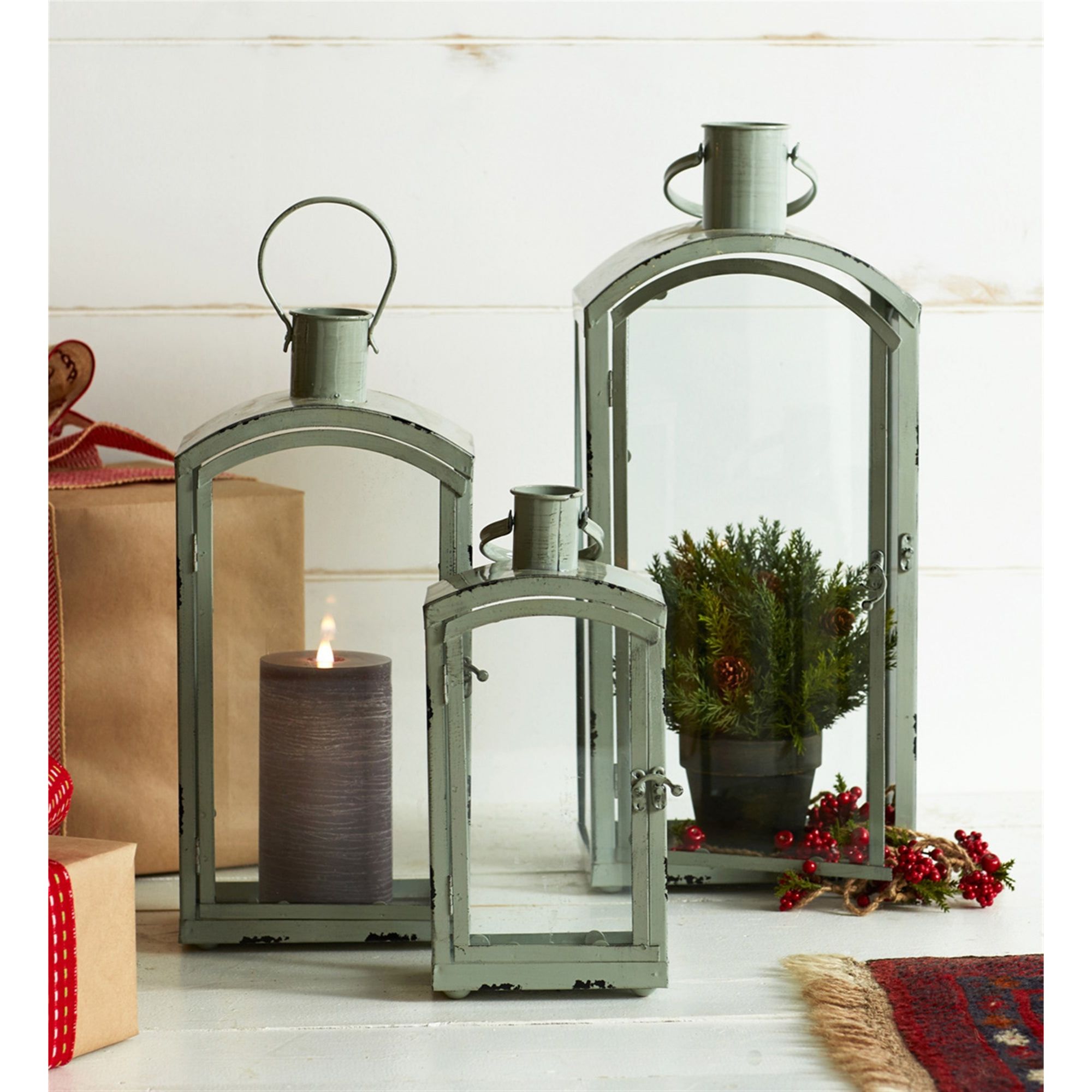 Distressed Metal Lantern with Curved Top, Set of 3 - Lanterns