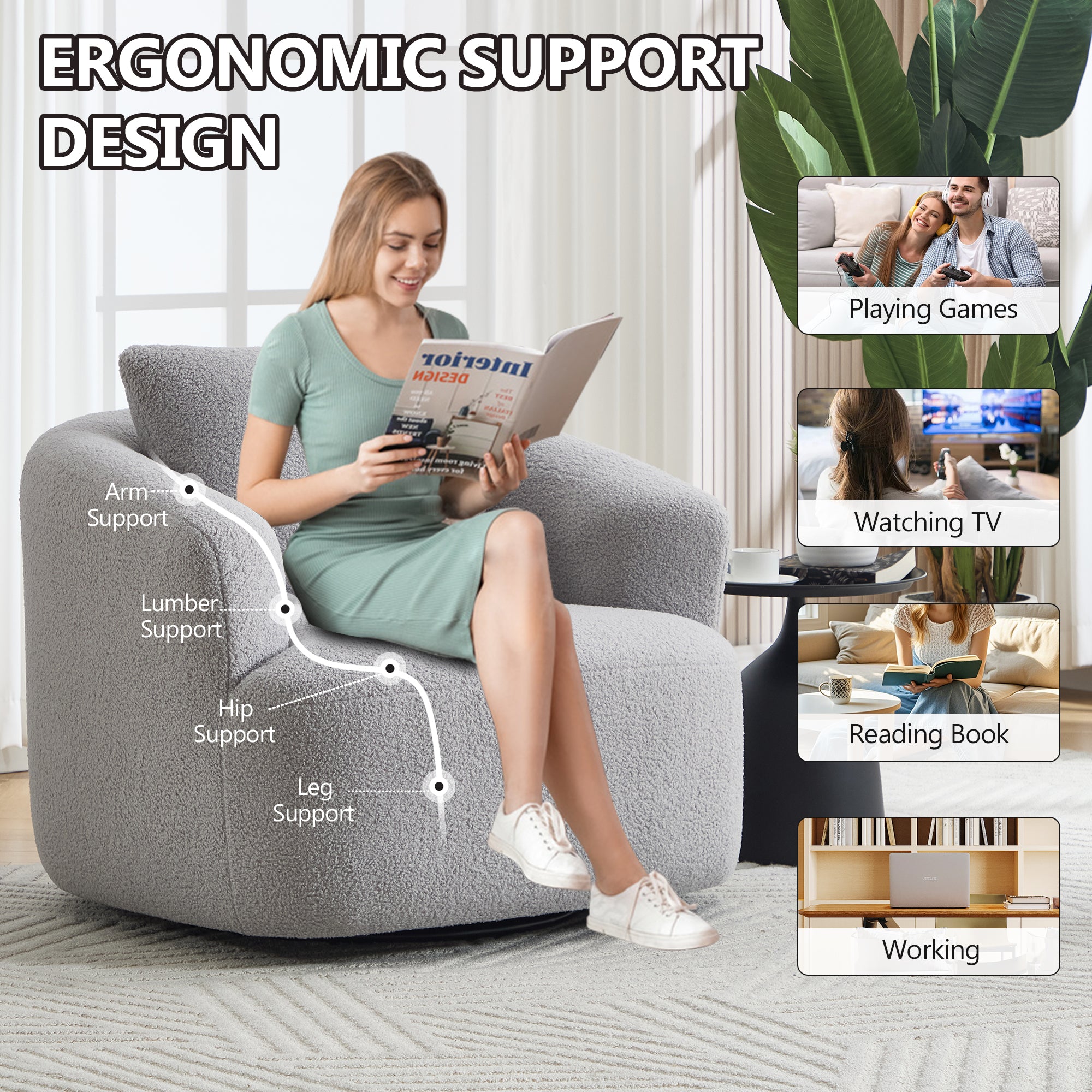 Teddy Fleece 360° Swivel Round Upholstered Comfy Accent Chair With Pillow