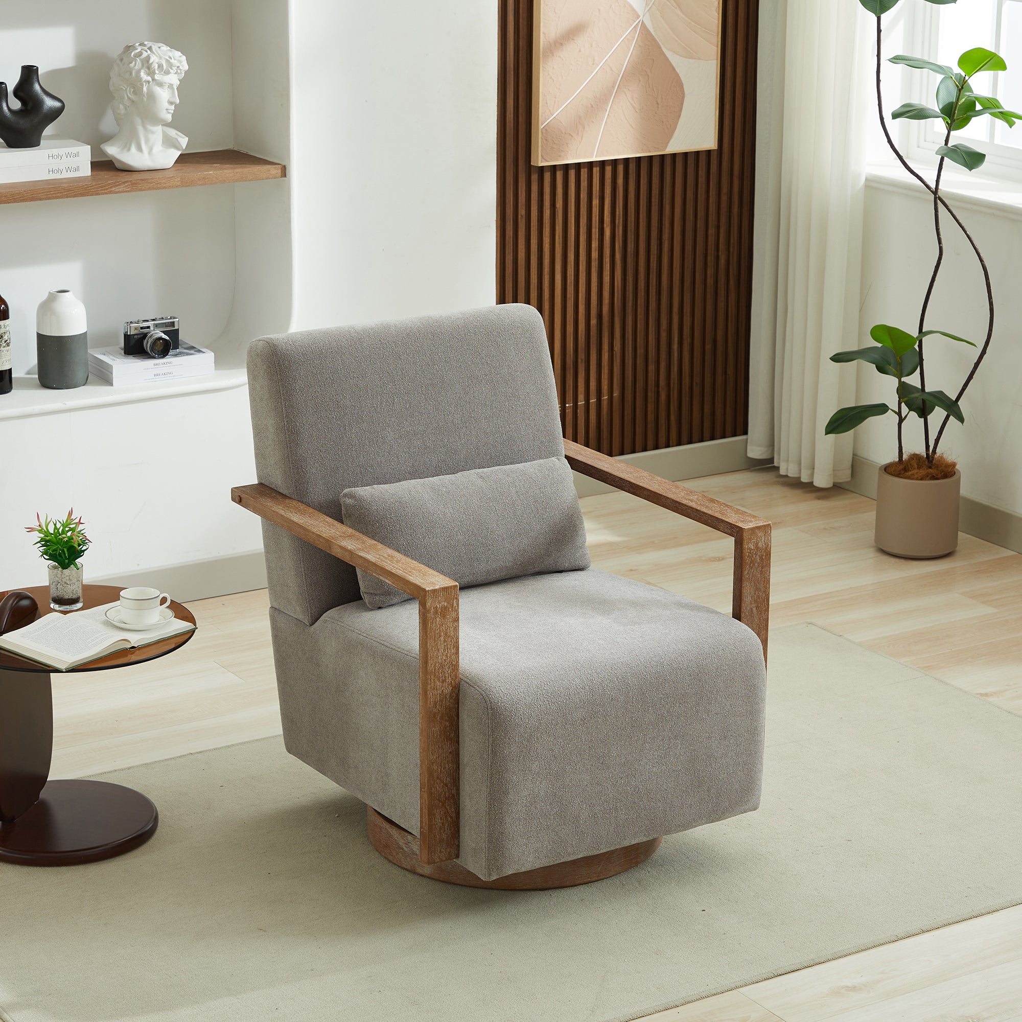 Swivel Modern Upholstered Accent Chair with Solid Wood Armrests