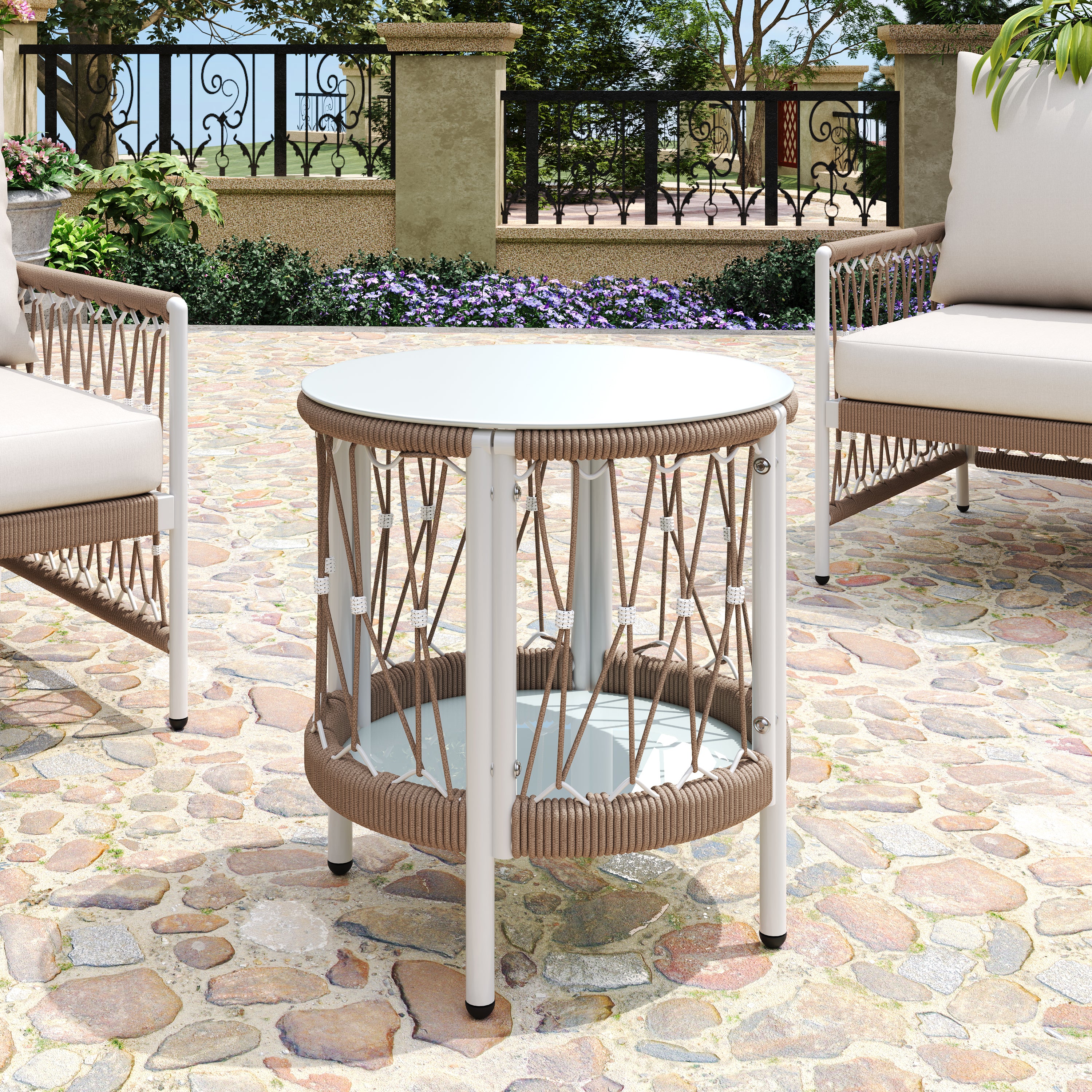 Caspian Outdoor Handwoven Rope Accent Table with Glass Top