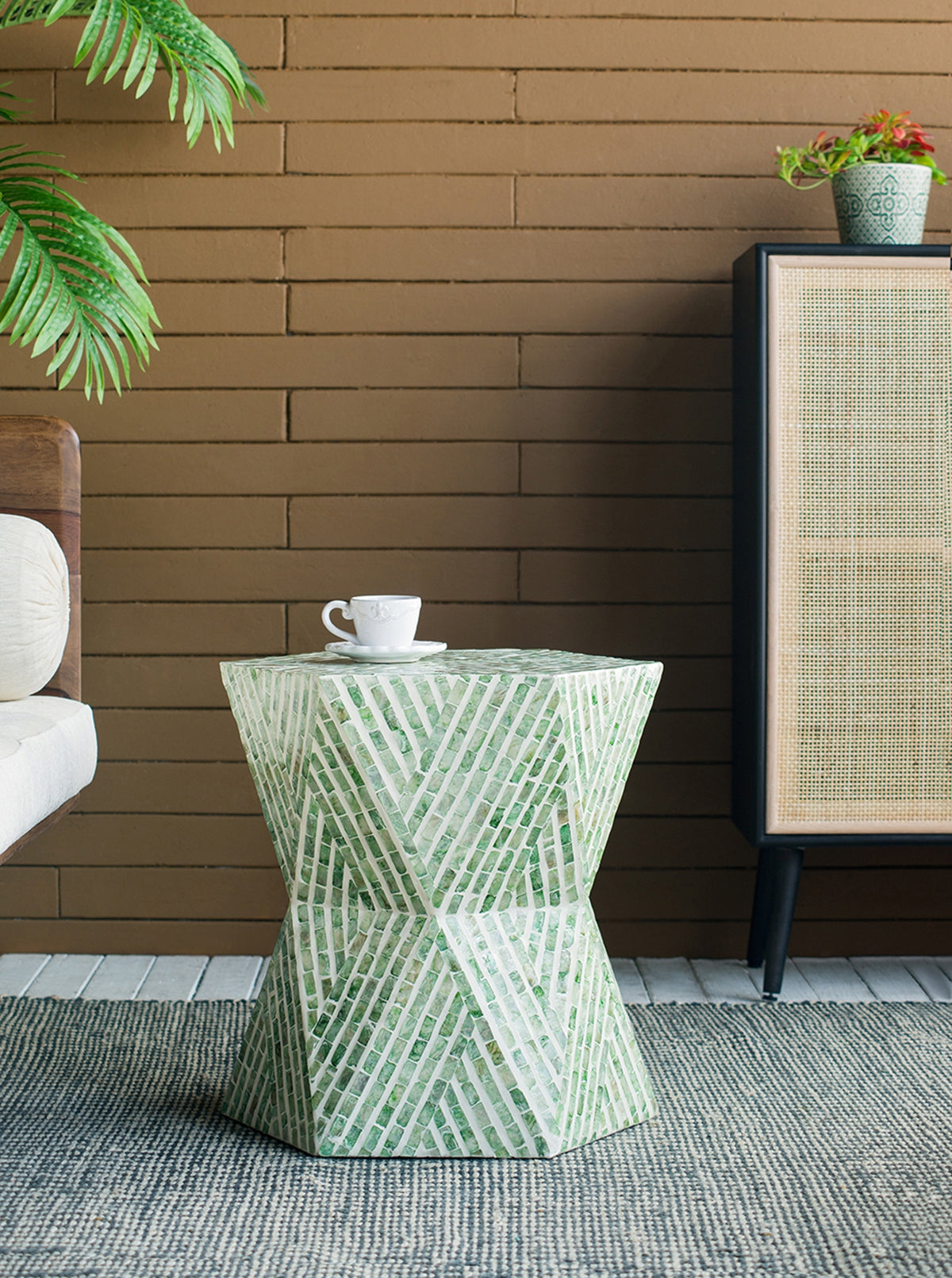 Tapered Green Garden Capiz Stool/Accent Side Table