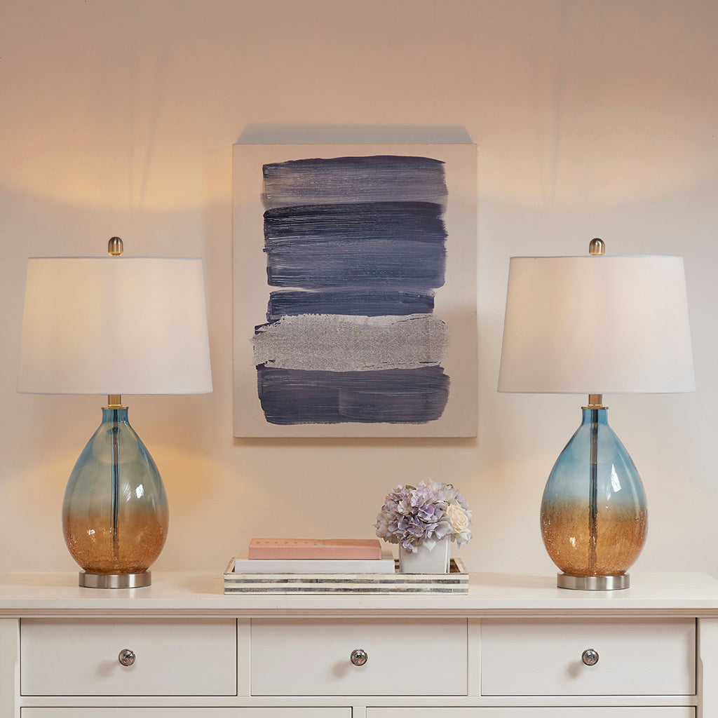 Glass Table Lamp with Drum-Shaped Shade, Set of 2