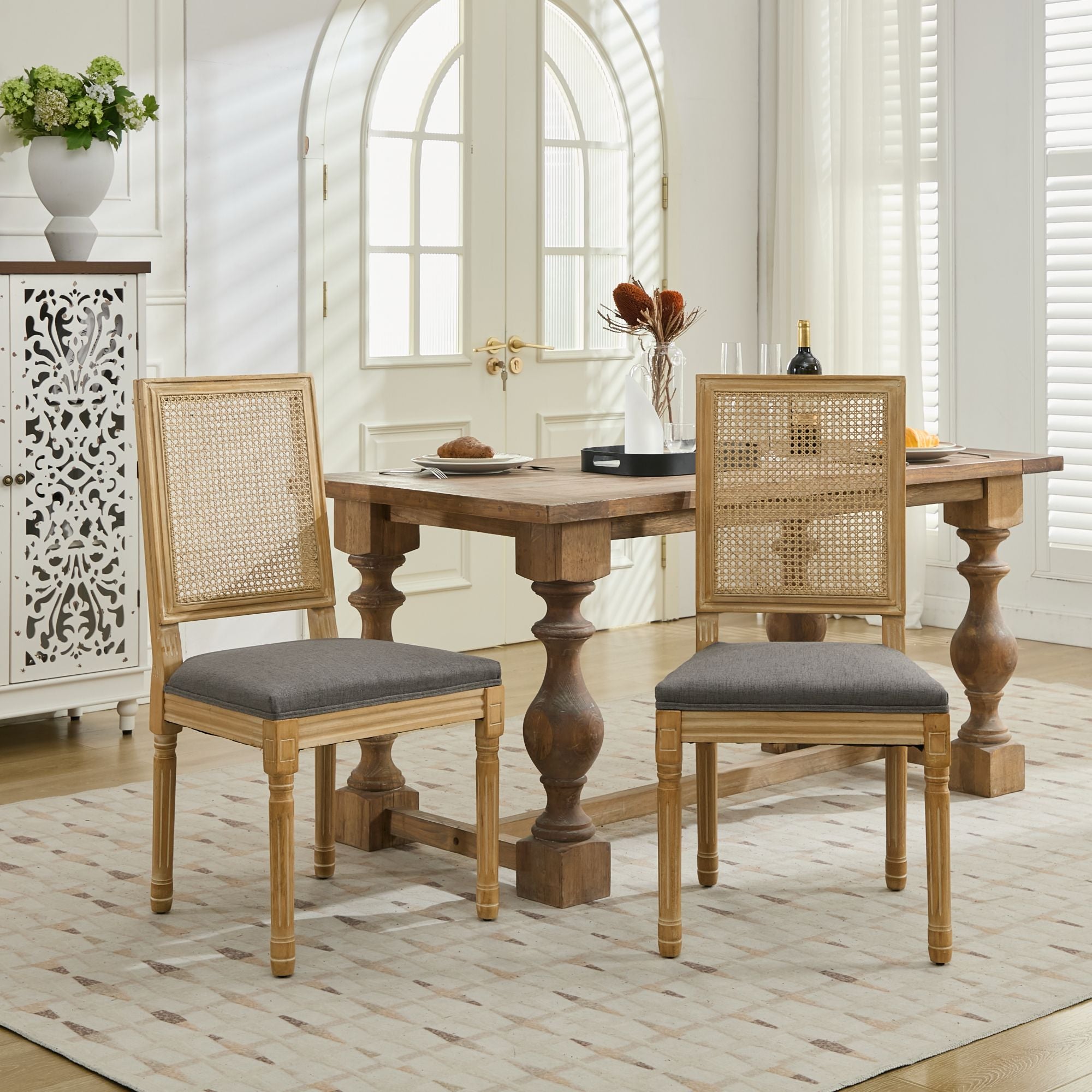 Louis French Country Dining Chairs with Square Rattan Backrest, Set of 2