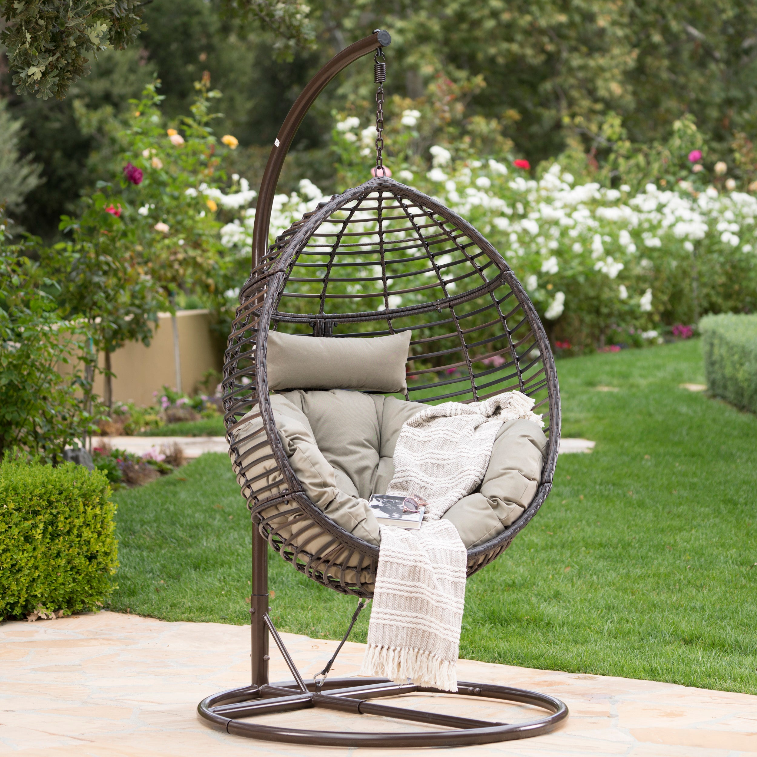 Liberation Outdoor Hanging Basket Chair with Metal Frame and Seat Cushion