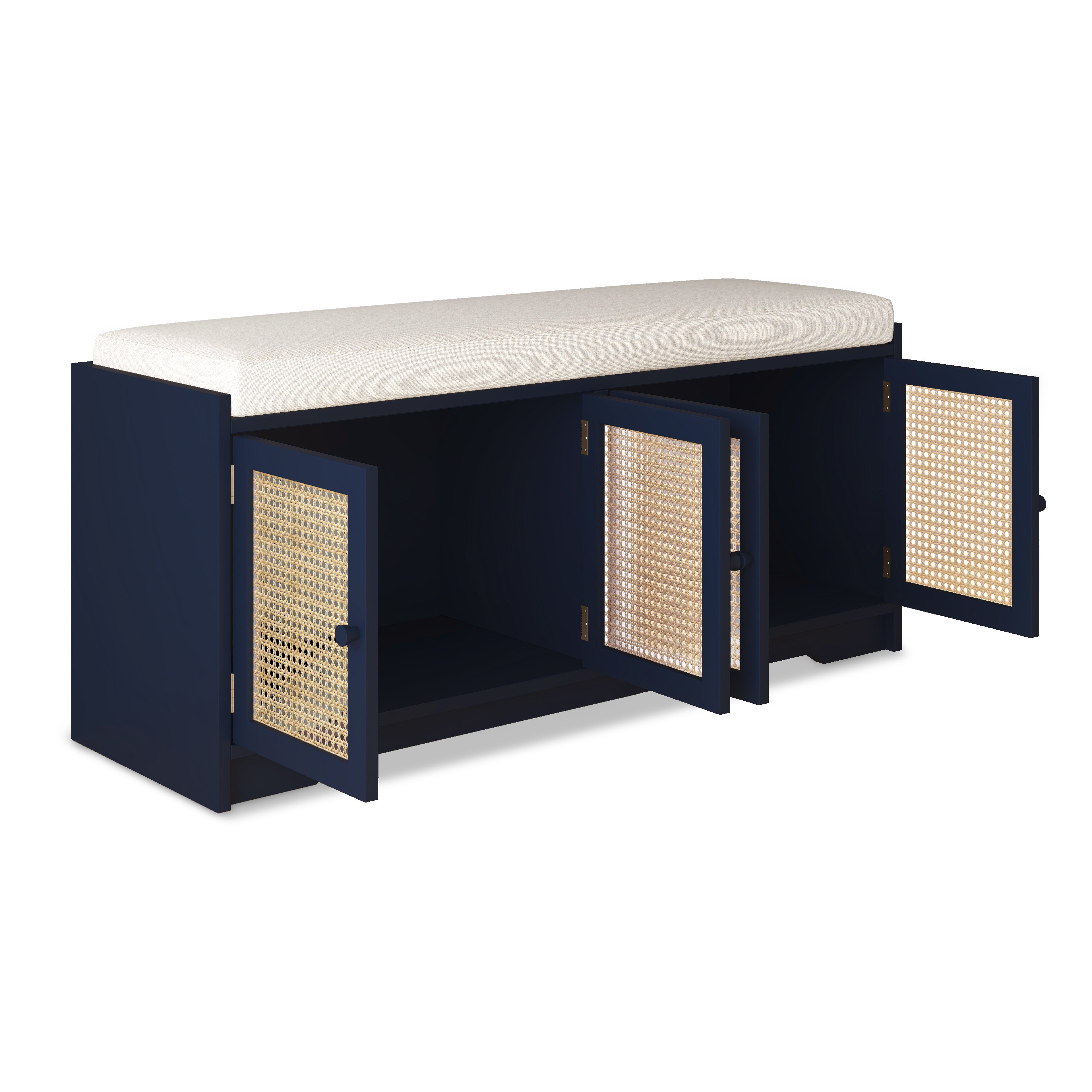 Upholstered Bench with Storage Cabinet and 4 Rattan Doors