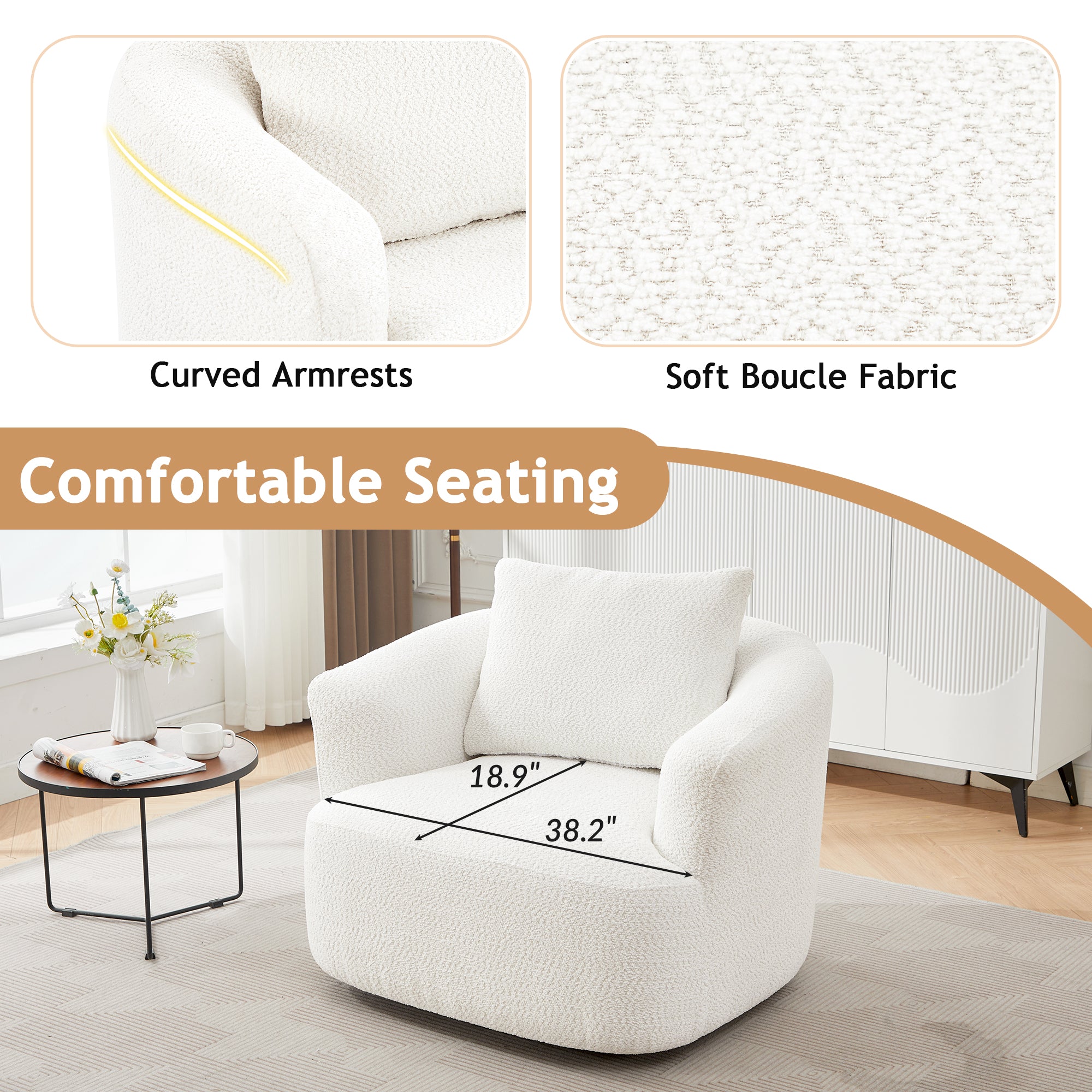 360° Swivel Barrel Chenille Upholstered Accent Chair with Throw Pillow