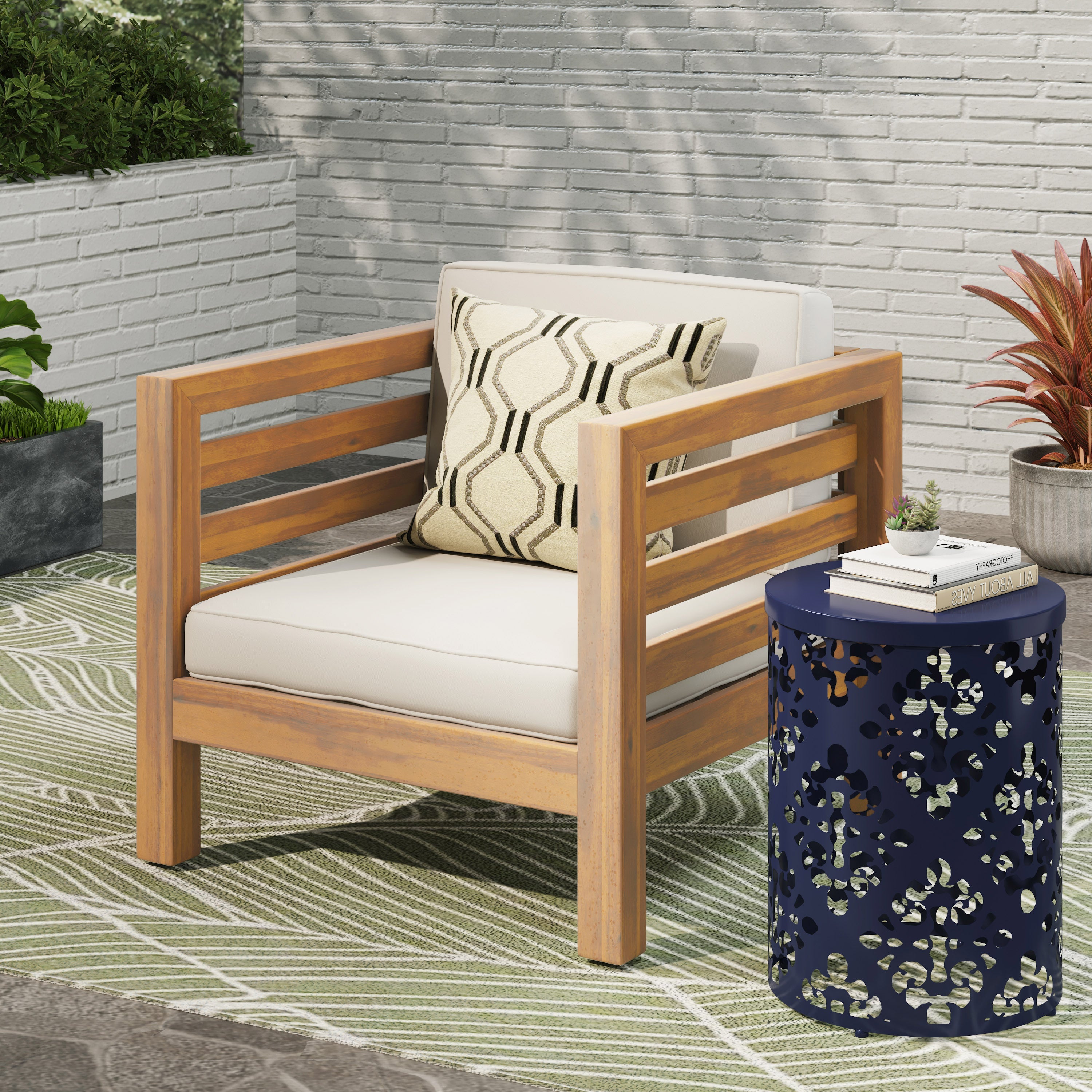 Oana Outdoor Acacia Wood Club Chair with Cushion