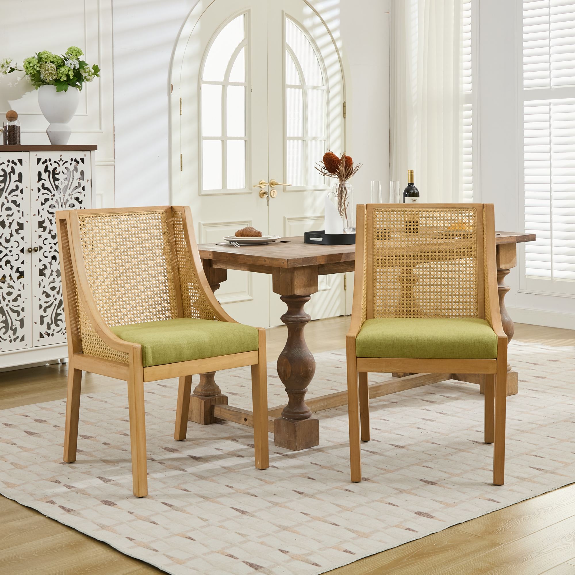 Linen Upholstered Rattan Dining Chair with Decorative Armrests