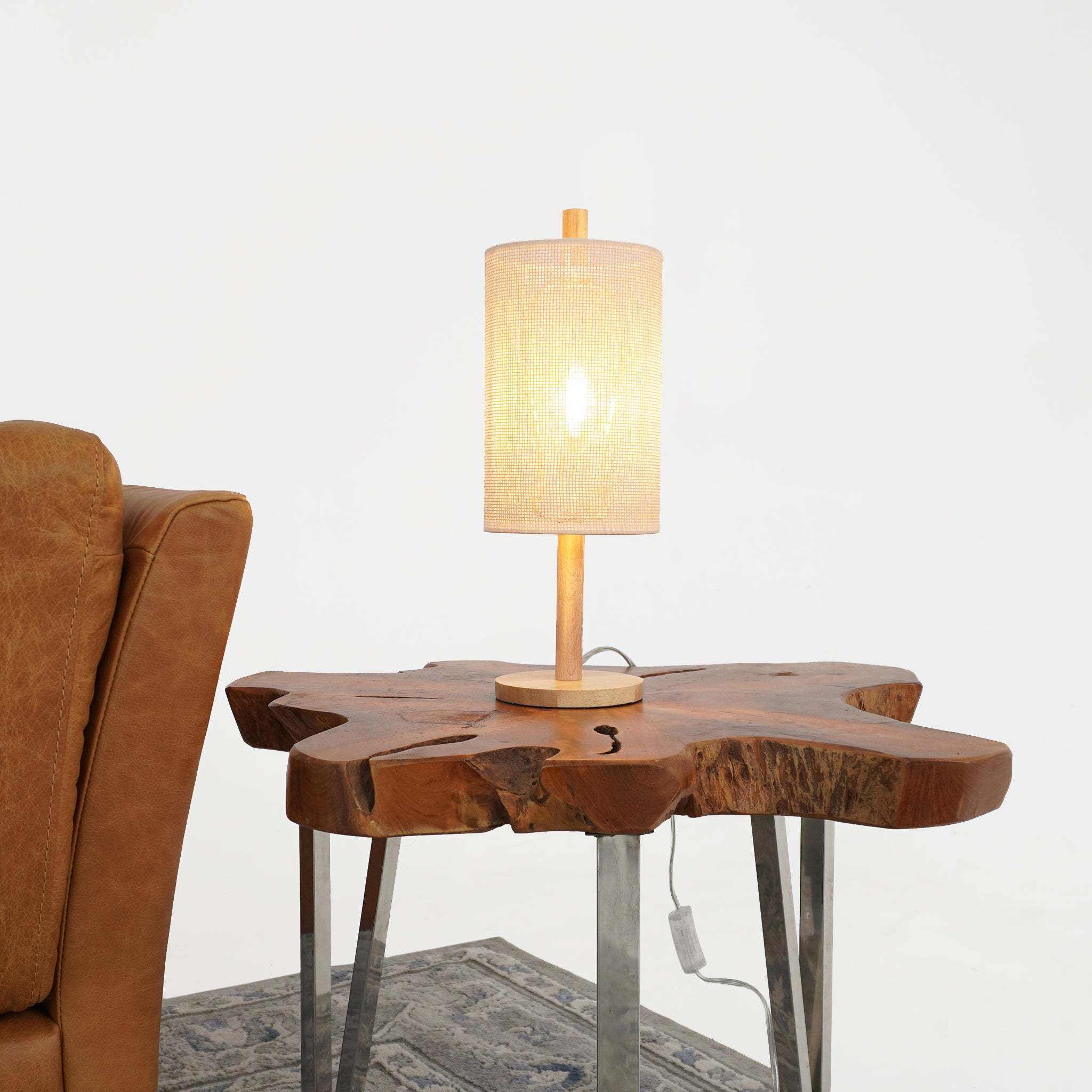 Wooden Desk Lamp with Open Weave Linen Shade