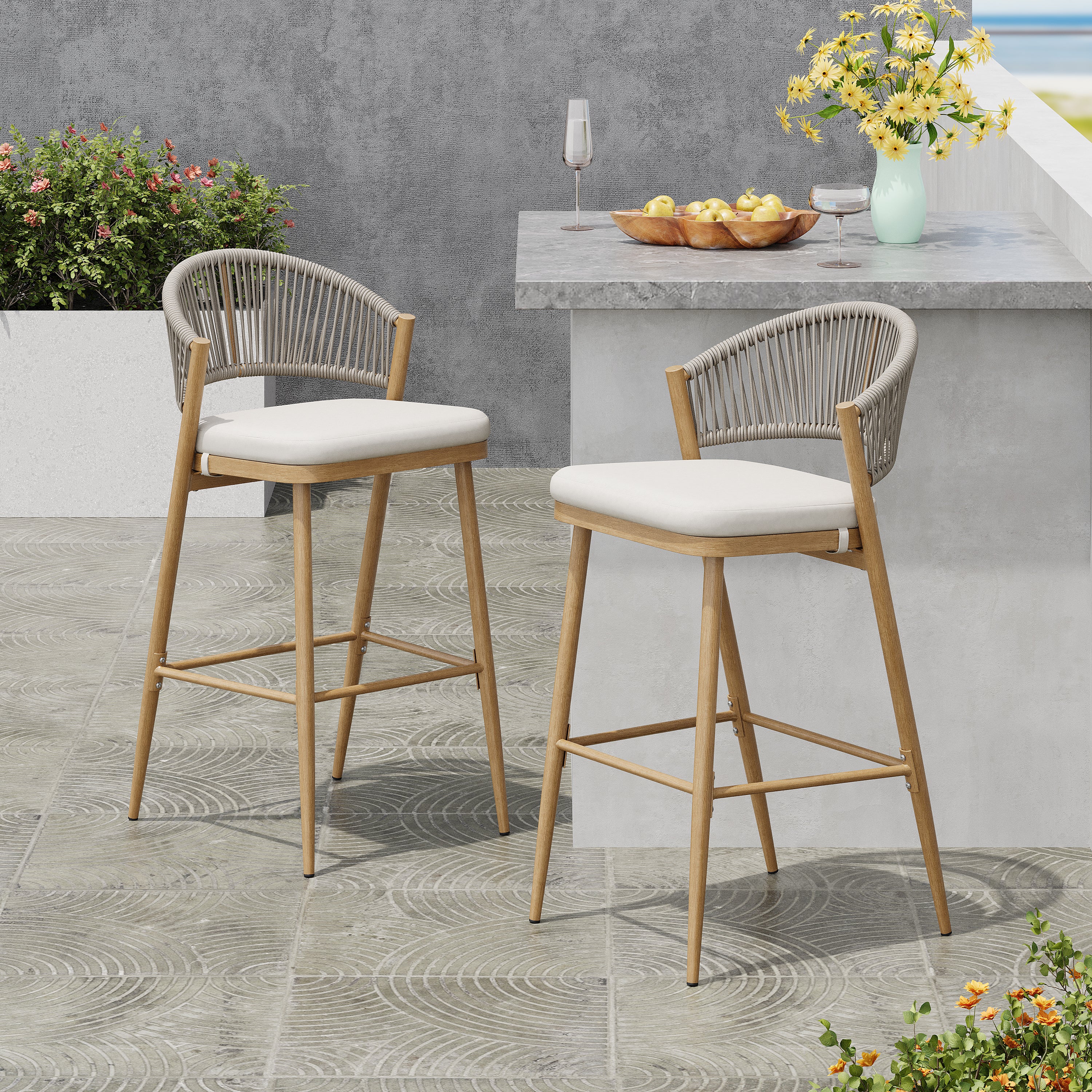 Outdoor Metal Frame Stools with Scallop-Shaped Backrest & Water-Resistant Cushions, Set of 2
