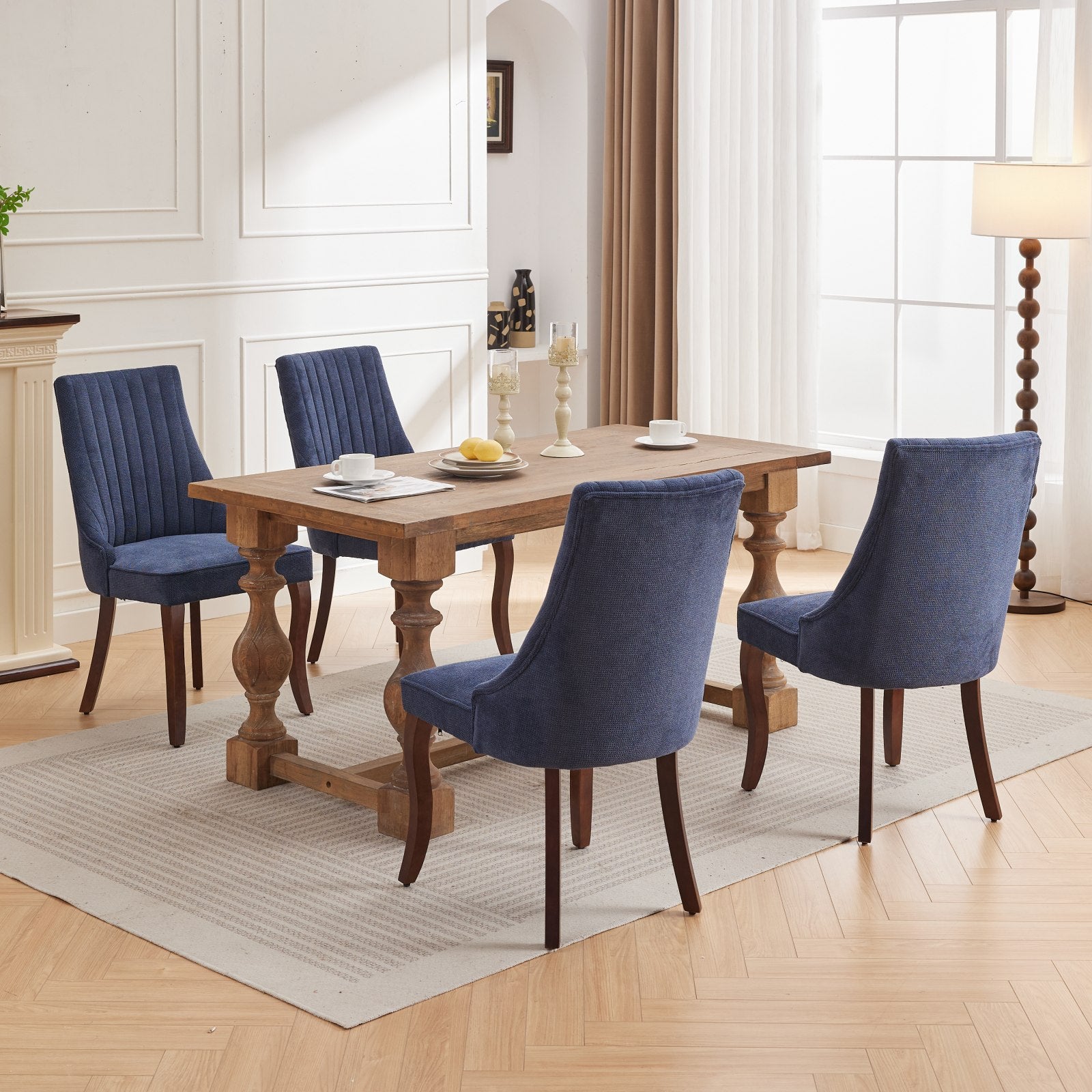 Rayon Cloth Flocking Linen Dining Chairs Channel Kitchen Dinner Chair Comfy Fabric Upholstered Accent Chair for Dining Room with Curved Solid Wood Legs,Set of 2 (Blue), SW1847BL