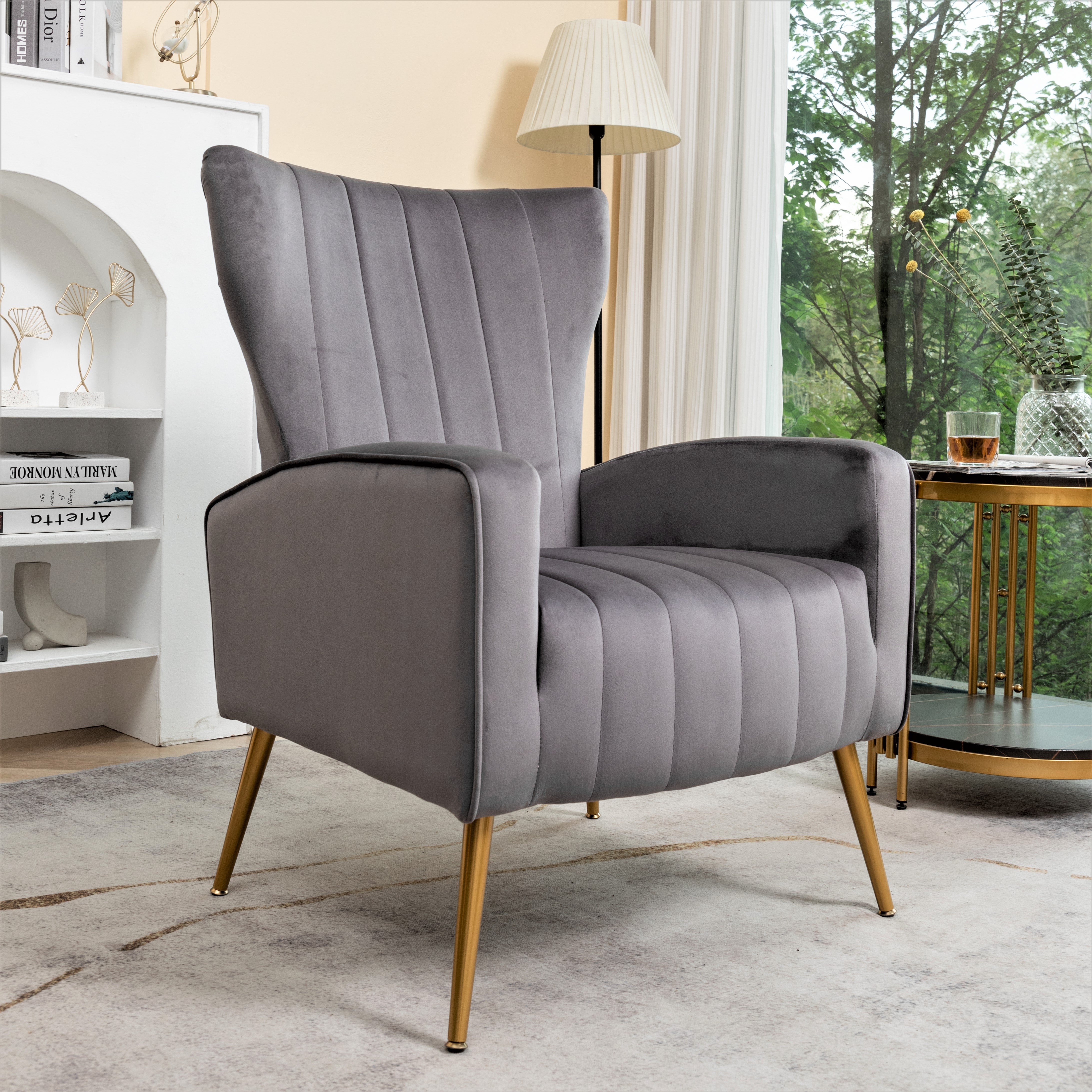 Velvet Accent Wingback Armchair with Metal Legs