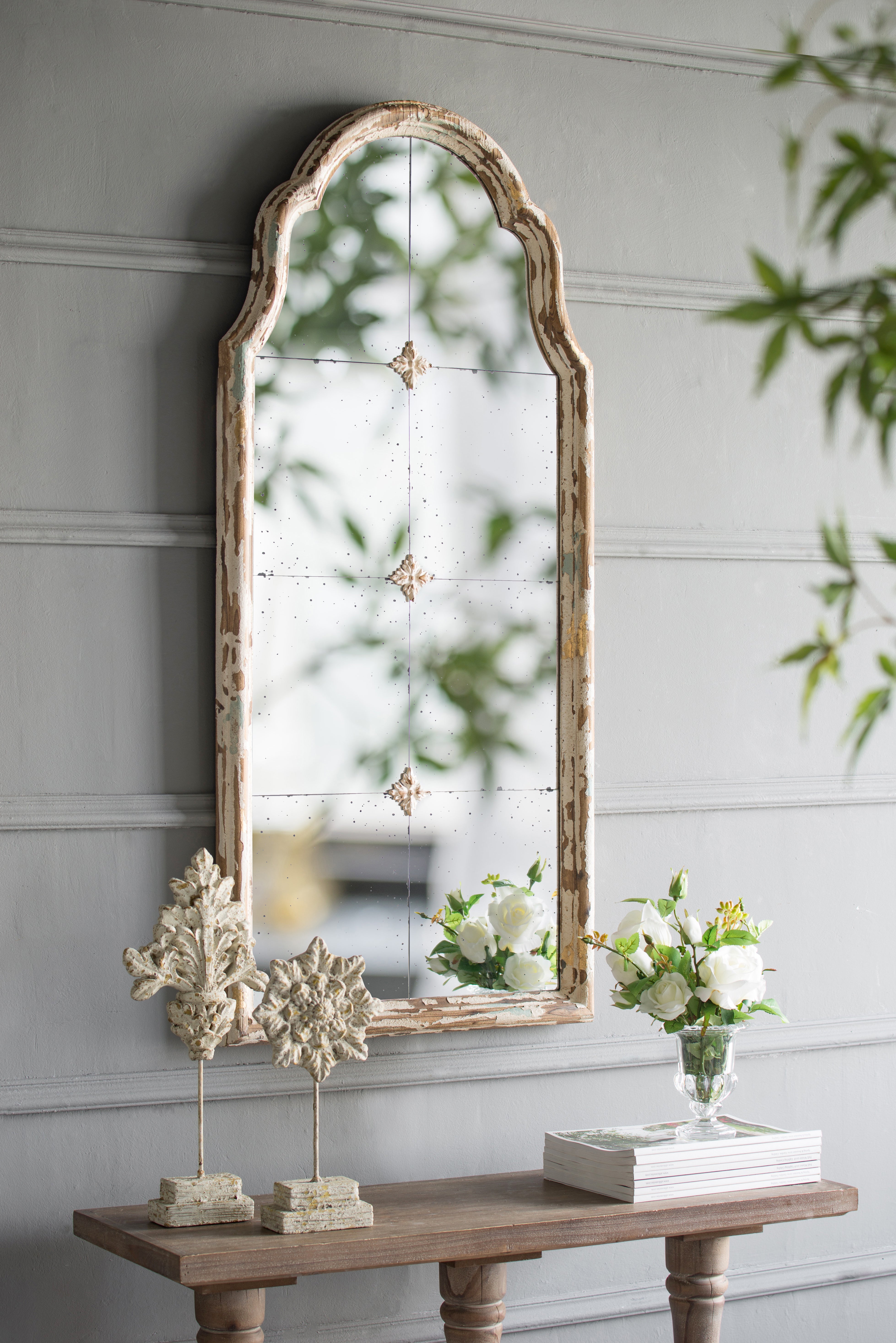 Wood Arched Mirror with 3 Small Medallions