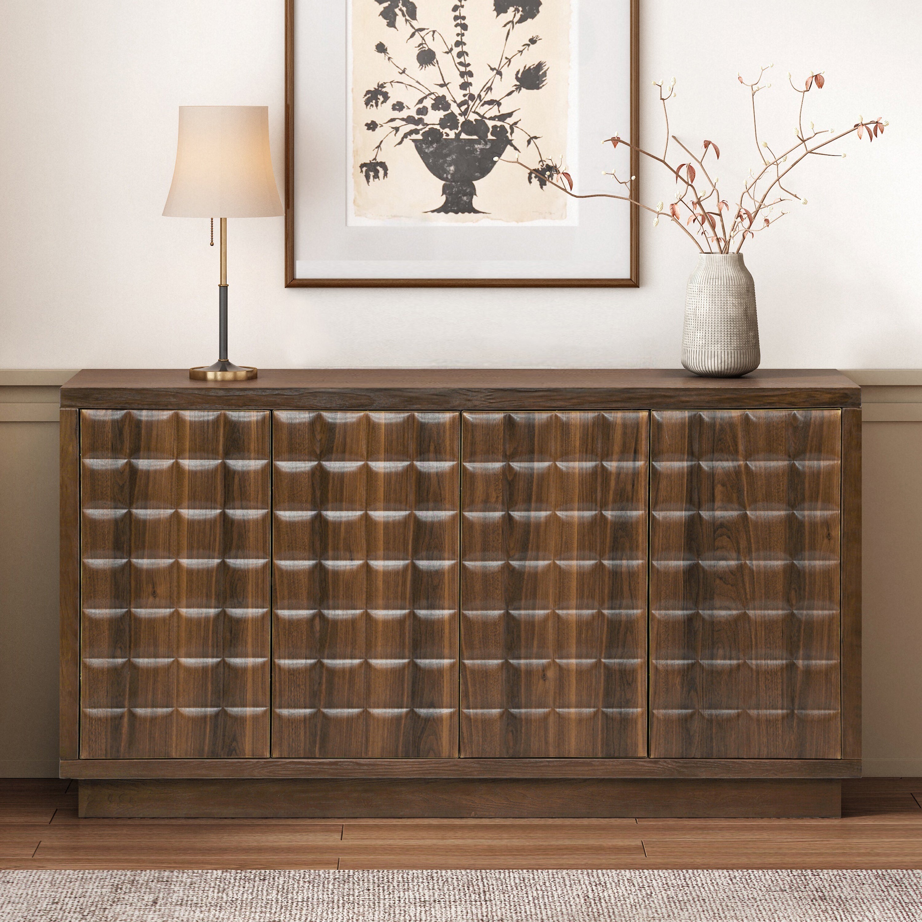 Modern 4-Door Storage Cabinet with 3D Geometric Doors & Metal Trim