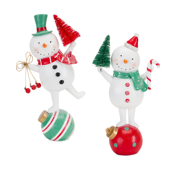 Snowman on Ornament Figurine, Set of 2