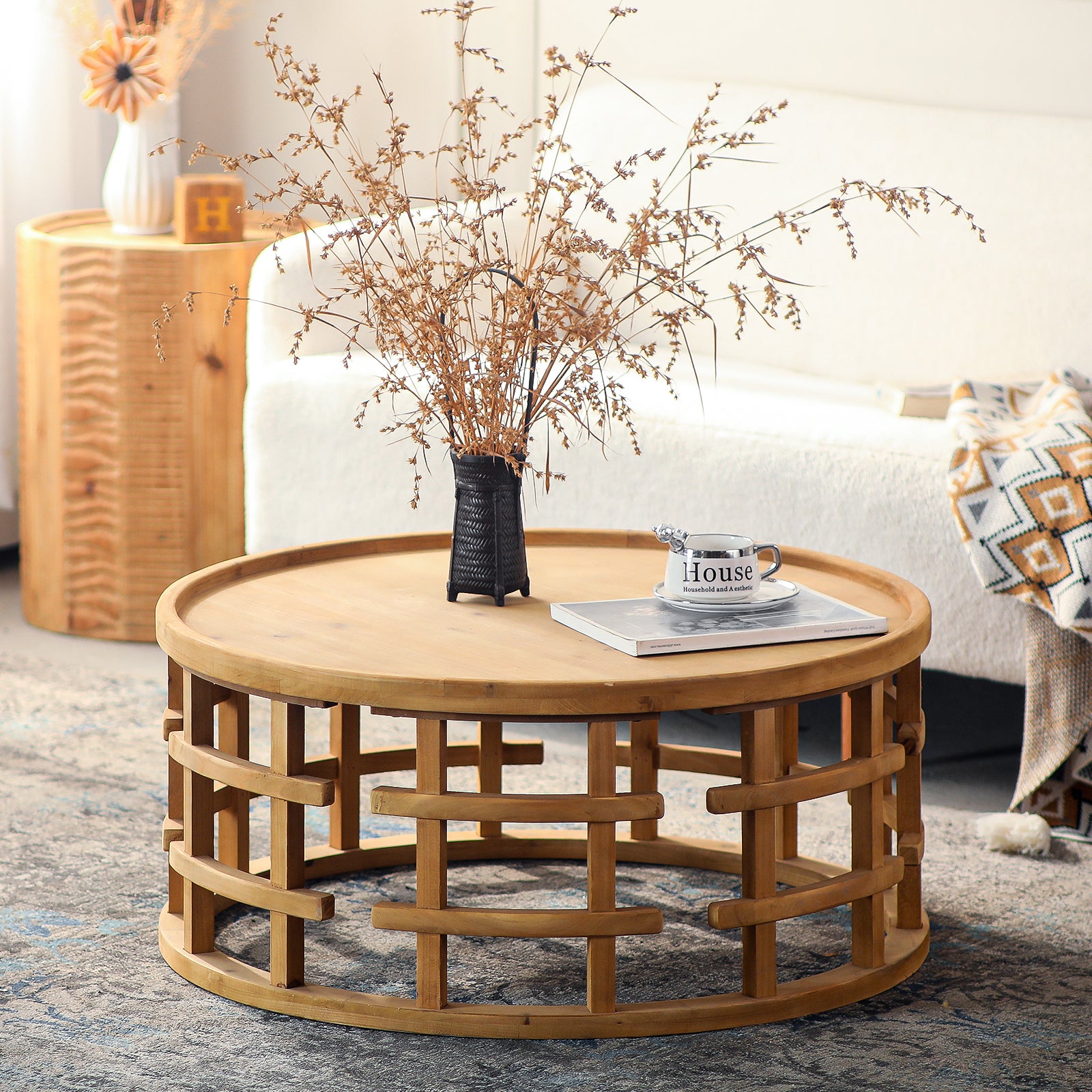 Round Open-Frame Boho Coffee Table