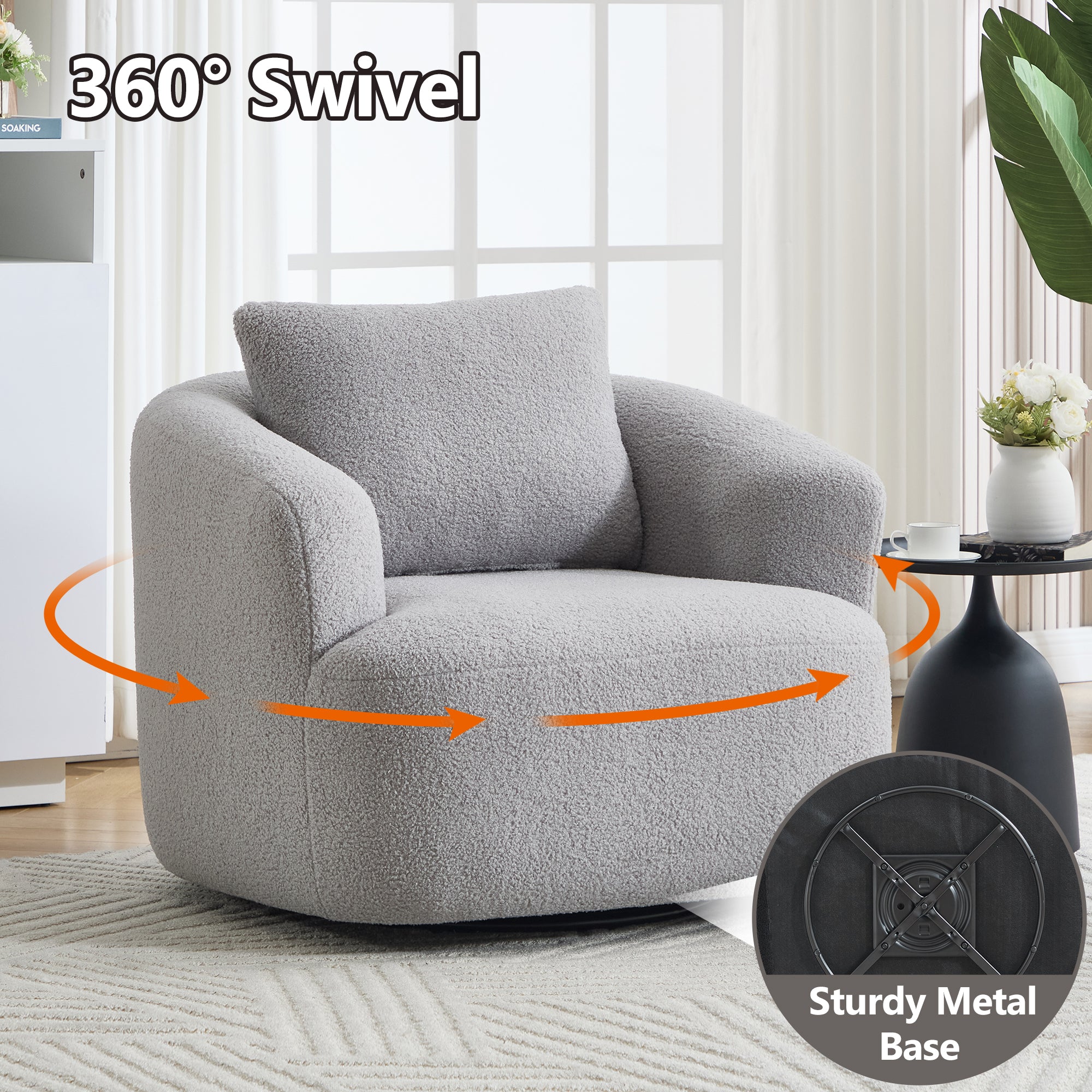 Teddy Fleece 360° Swivel Round Upholstered Comfy Accent Chair With Pillow