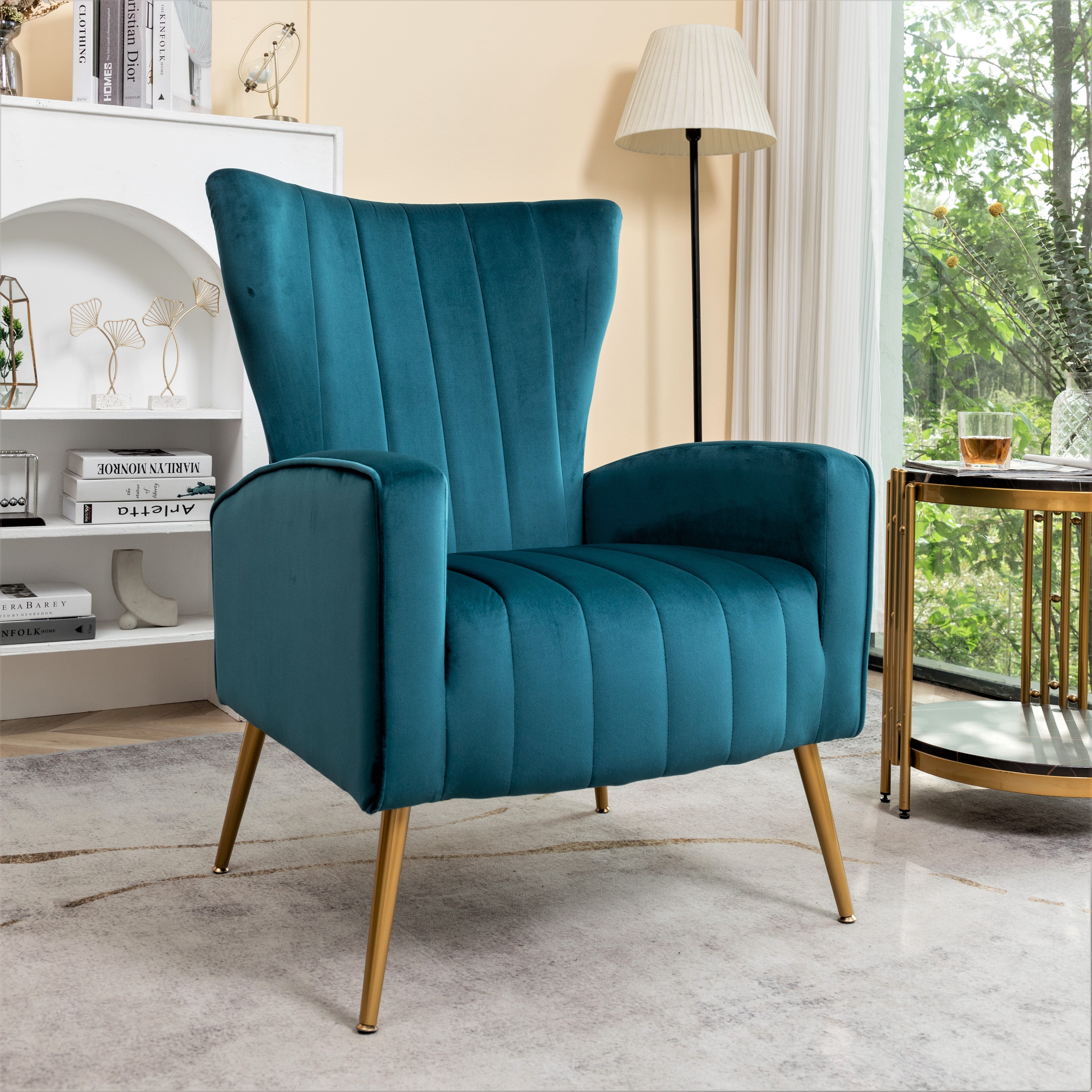 Velvet Accent Wingback Armchair with Metal Legs