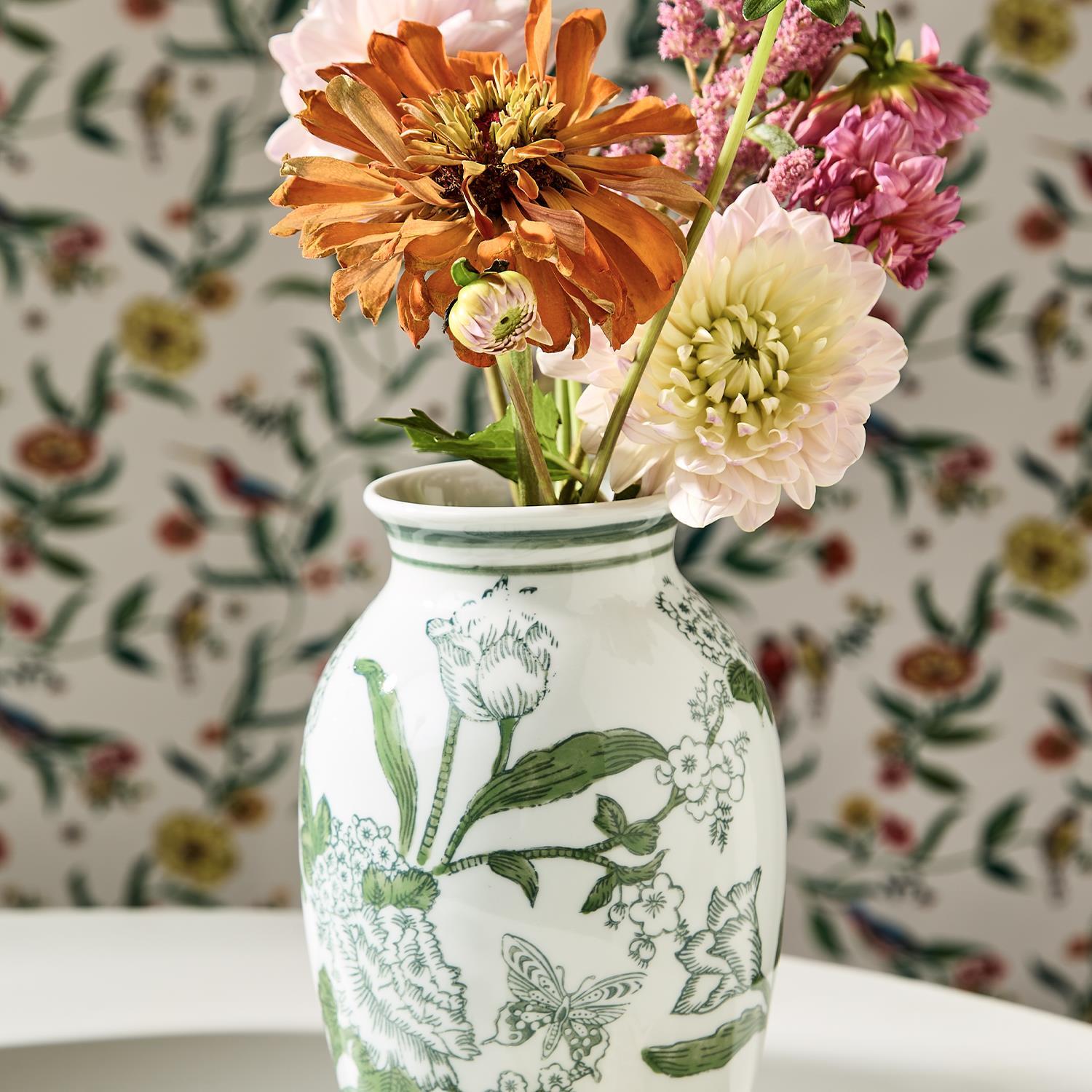 Primrose and Lotus Green and White Chinoiserie Vases, Set of 2