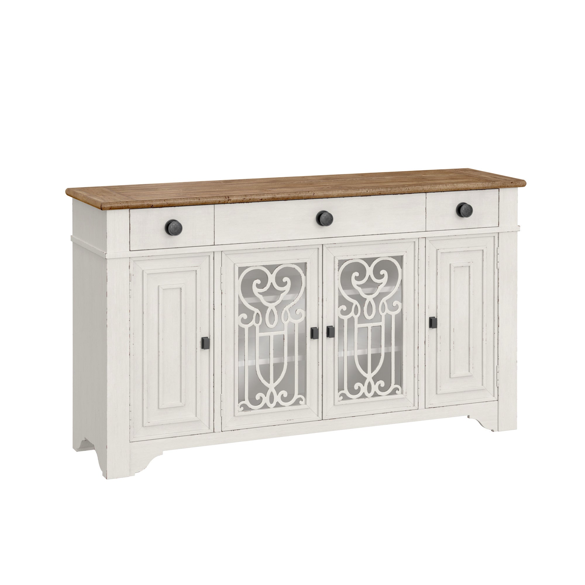 Duotone Farmhouse Sideboard Buffet with Scroll Detail Doors