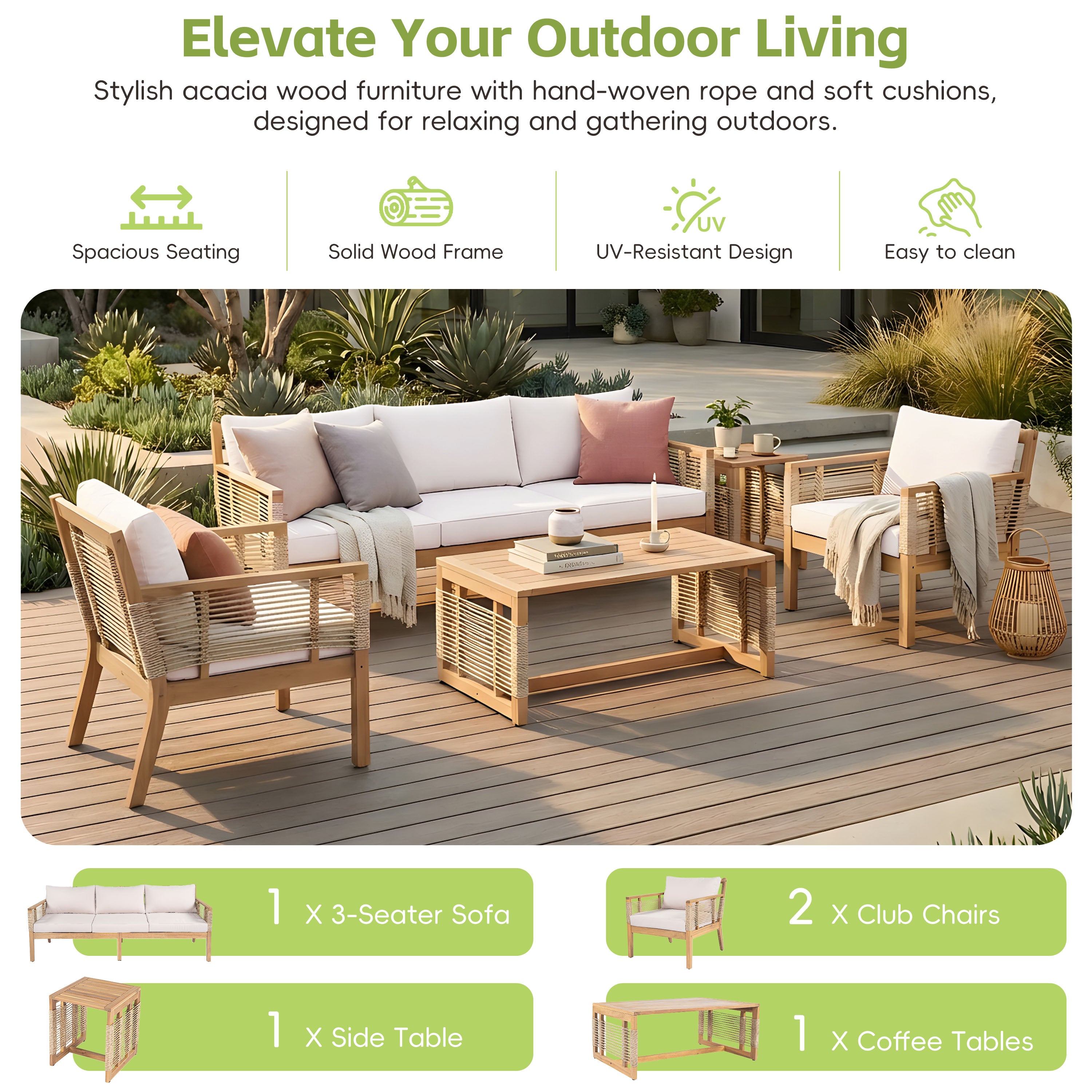 Kirana 5-Piece Outdoor Acacia Wood Hand Woven Rope Conversation Set with 3 Seater Sofa, 2 Chairs and 2 Coffee Tables