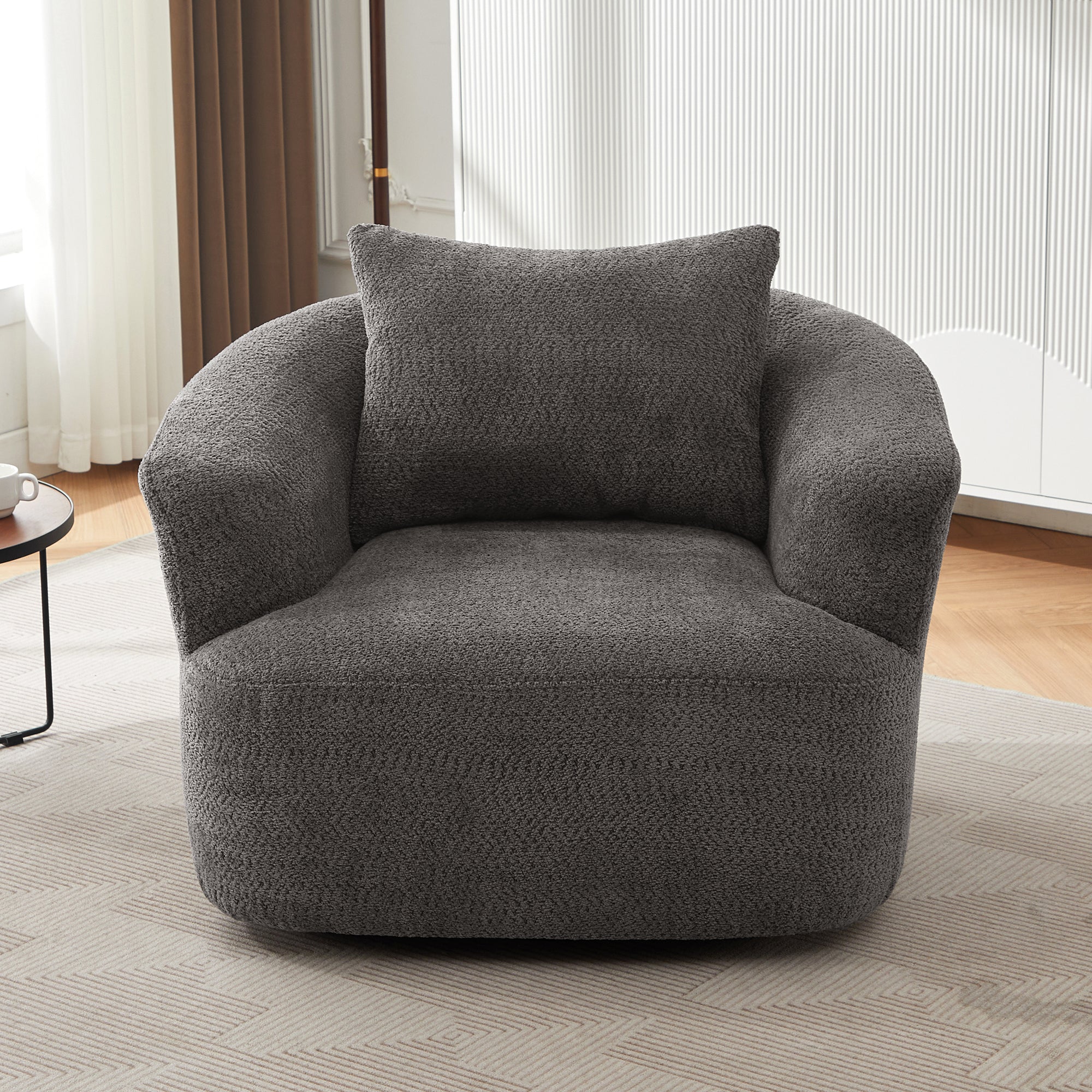360° Swivel Barrel Chenille Upholstered Accent Chair with Throw Pillow